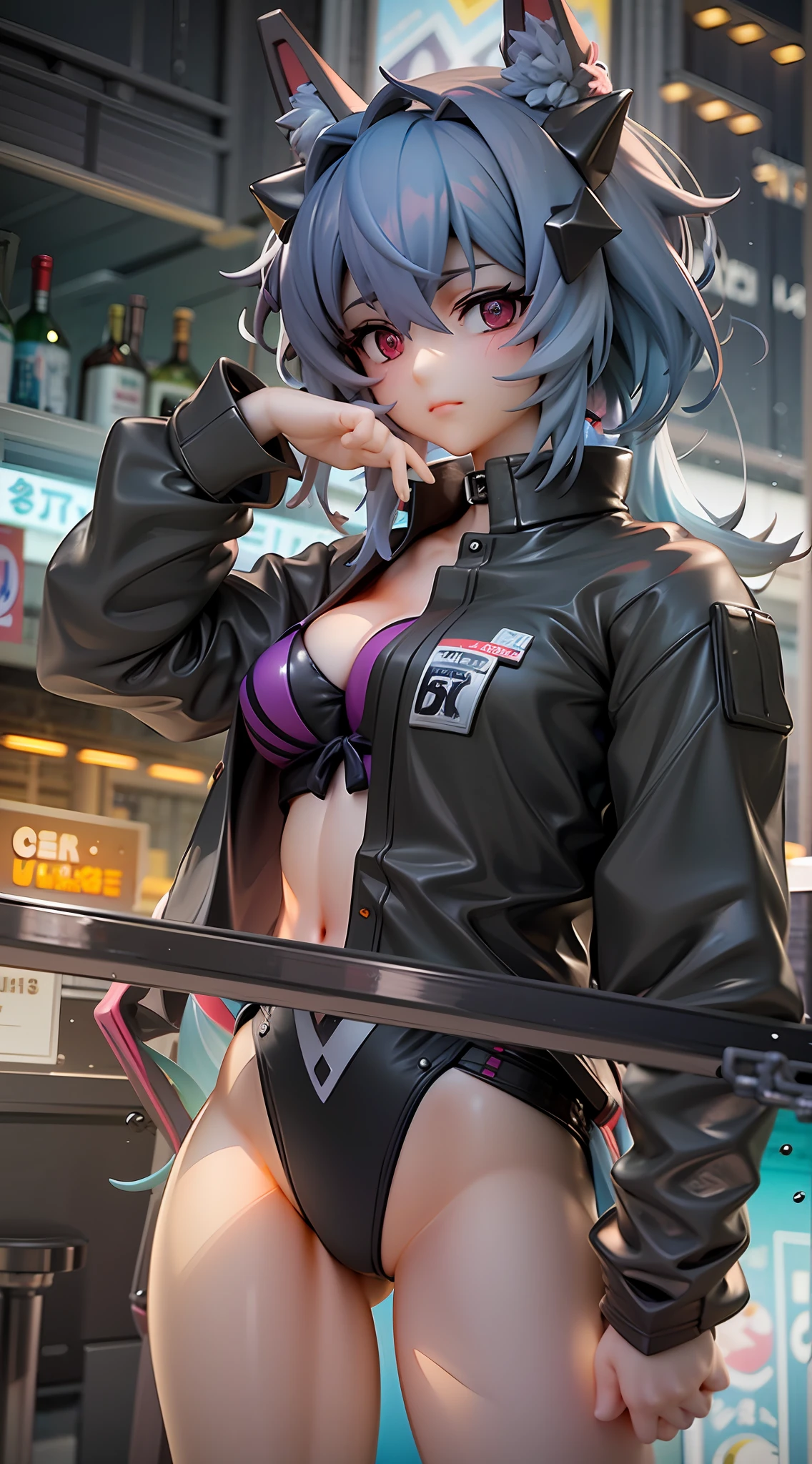 1girl, beautiful eye, smile, jaded bunny girl Ayanami Rei, tired and defiant expression, thin eyebrows, black belt bikini, short, wavy purple hair in a wolf cut, eyes of mixed weariness and defiance, pose of self-defensive stance, short fluffy bunny tail, long bunny ears with a bow, post-closing time bar in the background, neon lights flickering, large bust barely contained by the belt bikini, skin glowing under the dim lights, one hand resting on her hip, other hanging loosely at her side, bar stools and empty glasses in the background,((upper body)) ,((nude, breastsout, a navel, nipple)),dim lights casting long shadows, her gaze fixed on some distant point, bar counter reflecting the dim light, emptied shot glasses lined up, her stance conveying weariness, worn-out expression that speaks volumes, tinge of rebellion in her stance, the stark contrast between her scanty outfit and the tiredness in her eyes, her figure outlined in the soft glow of neon signs, reluctant resilience etched in her face, air of resignation and defiance, aura of weary allure, poignant atmosphere of after-hours solitude, a picture of the gritty reality behind the glitz and glamor,