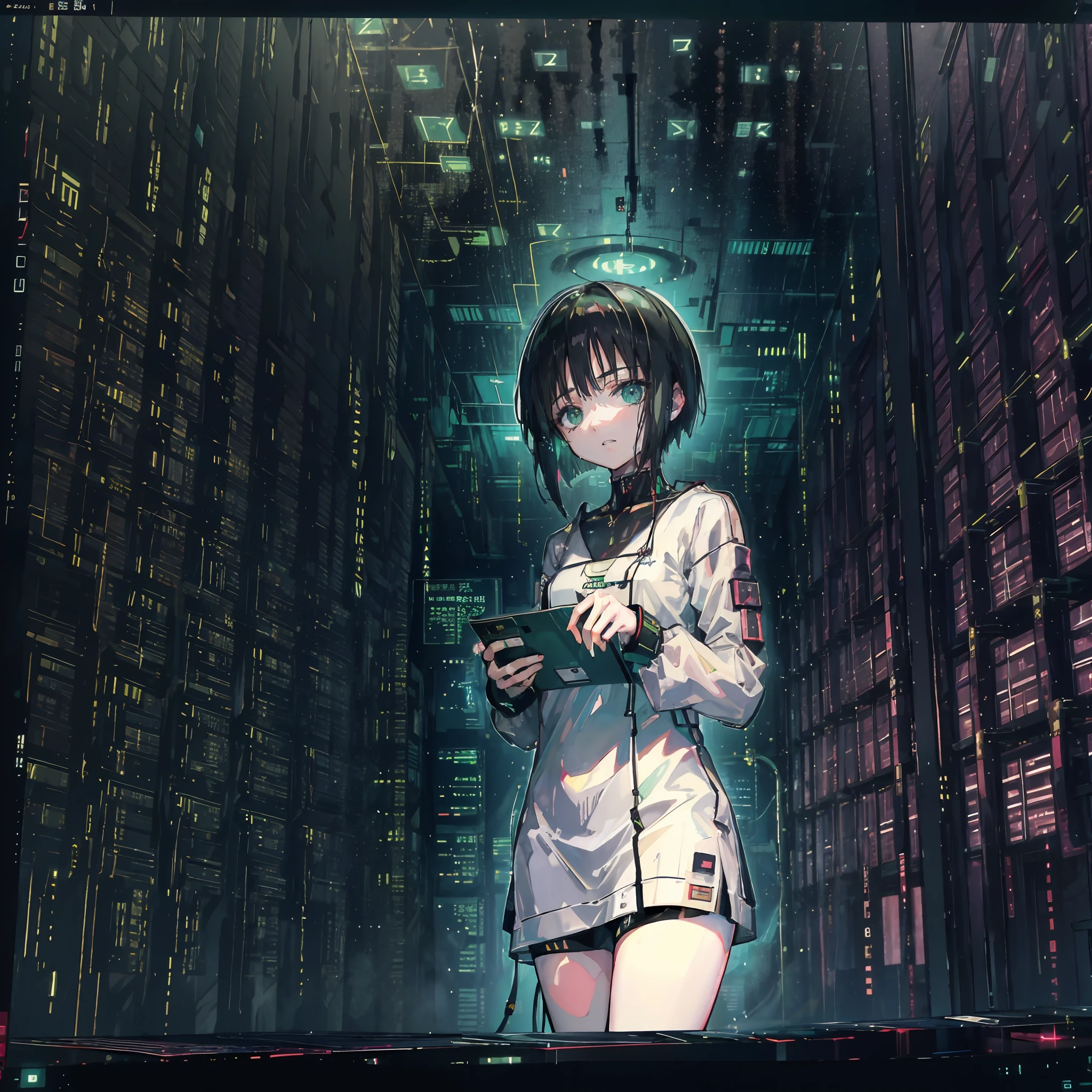 1girl, short black hair, green eyes, lain, serial experiments lain, lain iwakura, wearing plain black shirt, data center, cyborg cables, computer art, console and computer, computer aesthetic, absurdres, high res, ultrasharp, 8k, master piece, looking at viewer, portrait