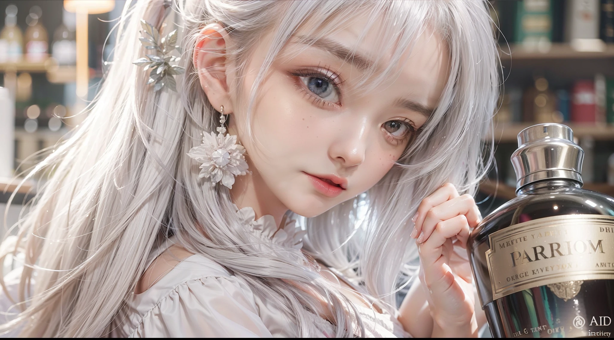 ((masterpiece)),  highly detailed, best quality, 8k, (soft light), cinematic light, beautiful detailed eyes, 
1girl, white hair, long hair, next to a bottle of perfume, elegant, cozy, clean detailed anime art,  trending on artstartion,  iridescent, opalescent,  cream dripping on face, warmly lit, soap, (pink and white theme), oil painting, brush stroke
 (bold lines:0.3)