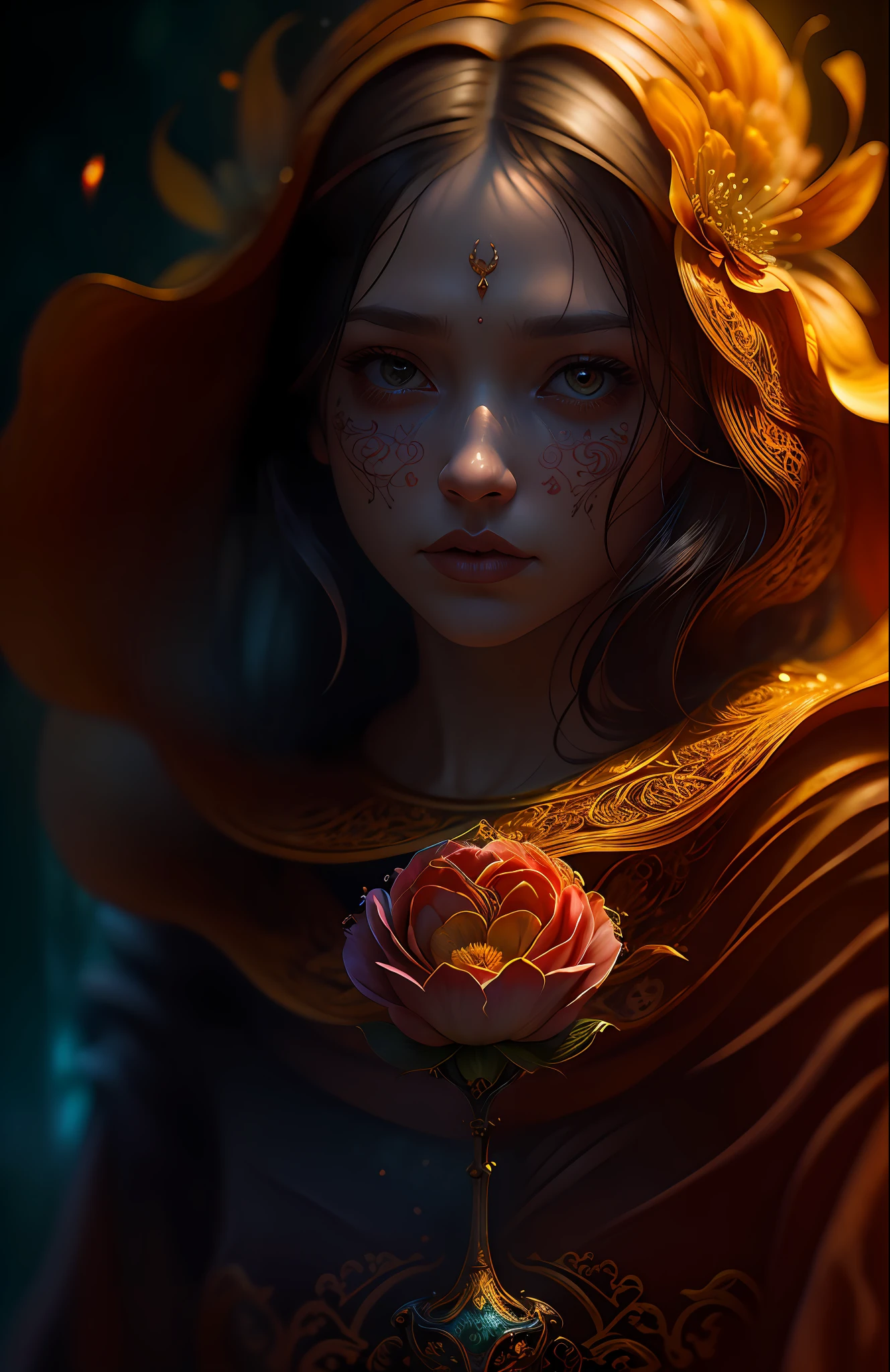 A flower by Casey Weldon, Olga Kvasha, Miho Hirano, hyperdetailed intricately detailed gothic art trending on Artstation triadic colors Unreal Engine 5 detailed matte painting, deep color, fantastical, intricate detail, splash screen, complementary colors, fantasy concept art, 8k resolution, gothic deviantart masterpiece, (dark shot:1.4), art by greg rutkowski and artgerm, soft cinematic light, adobe lightroom, photolab, hdr, intricate, highly detailed, (depth of field:1.4)