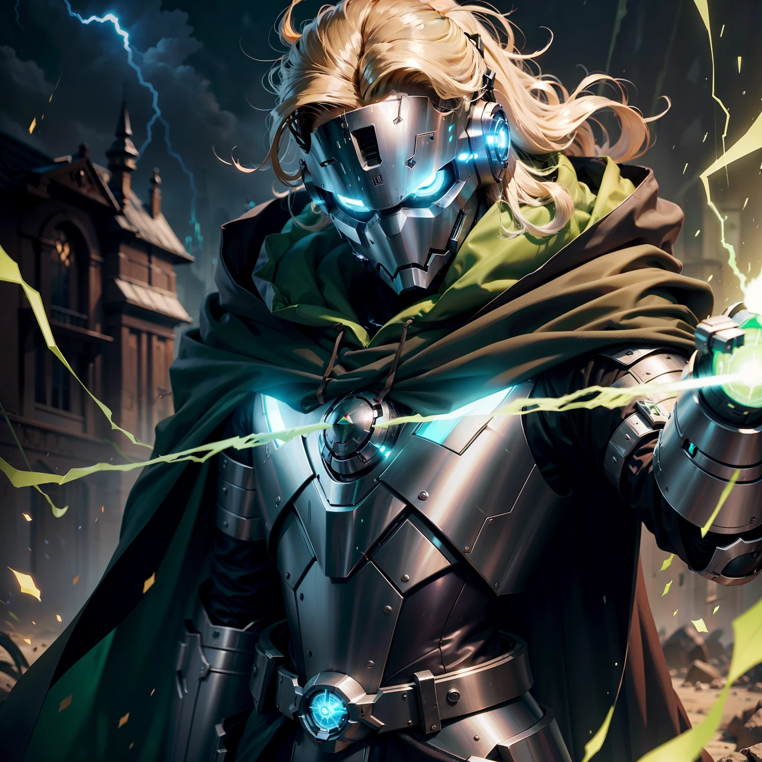 o Crie uma mistura de homen de ferro com doutor destino supremo ( Victor vam Dom ) wearing a green cloak and hood invading a medieval city with an army of robots is one using a green lightning spell with a robotic arm and long yellow hair AND wearing an iron mask , It should be rainy weather and your robots should emit green arcane energy