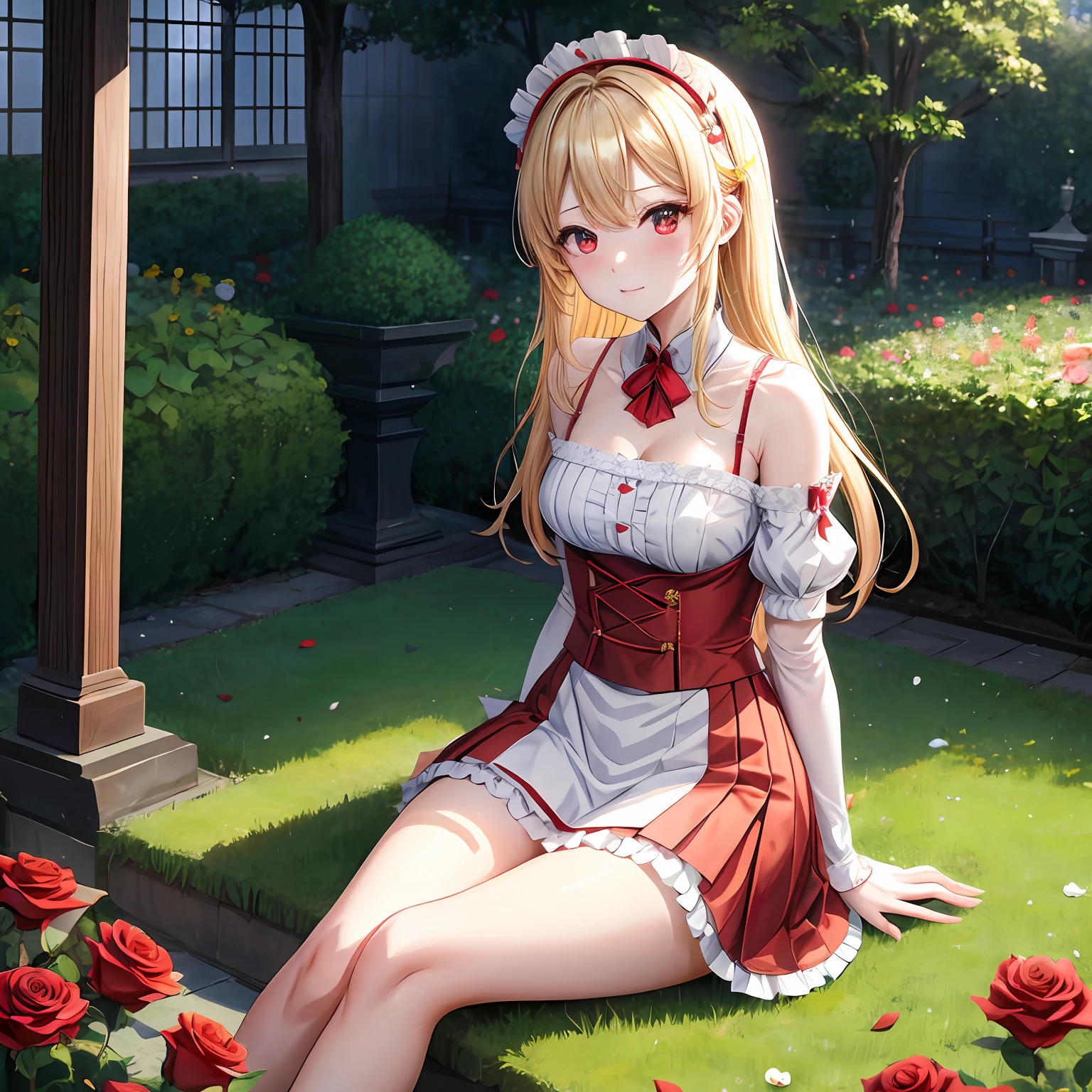 a blond、red eyes、One pretty girl、独奏、animesque、Maids、off shoulders、a miniskirt、sitting on、Rose Garden