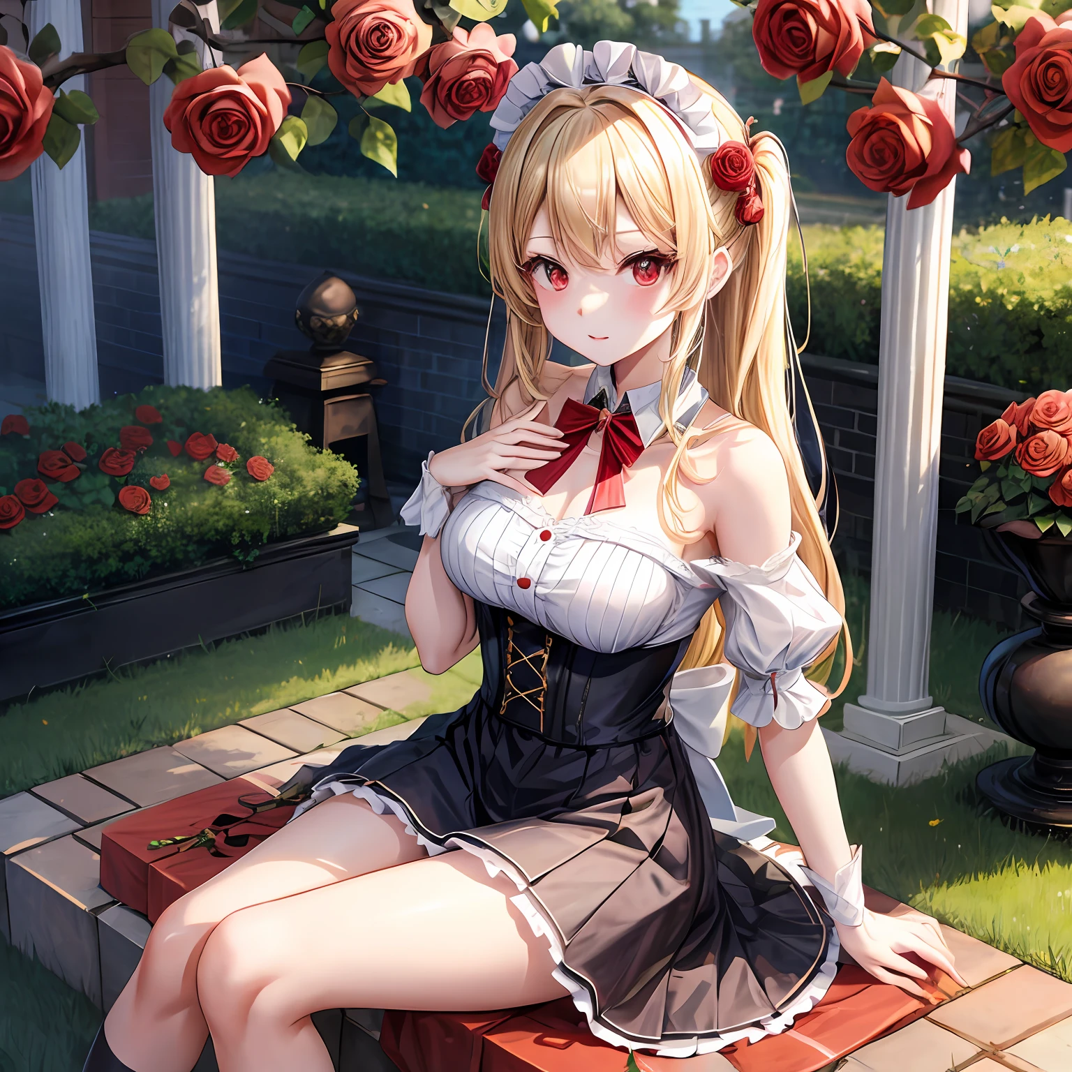 a blond、red eyes、One pretty girl、独奏、animesque、Maids、off shoulders、a miniskirt、sitting on、Rose Garden