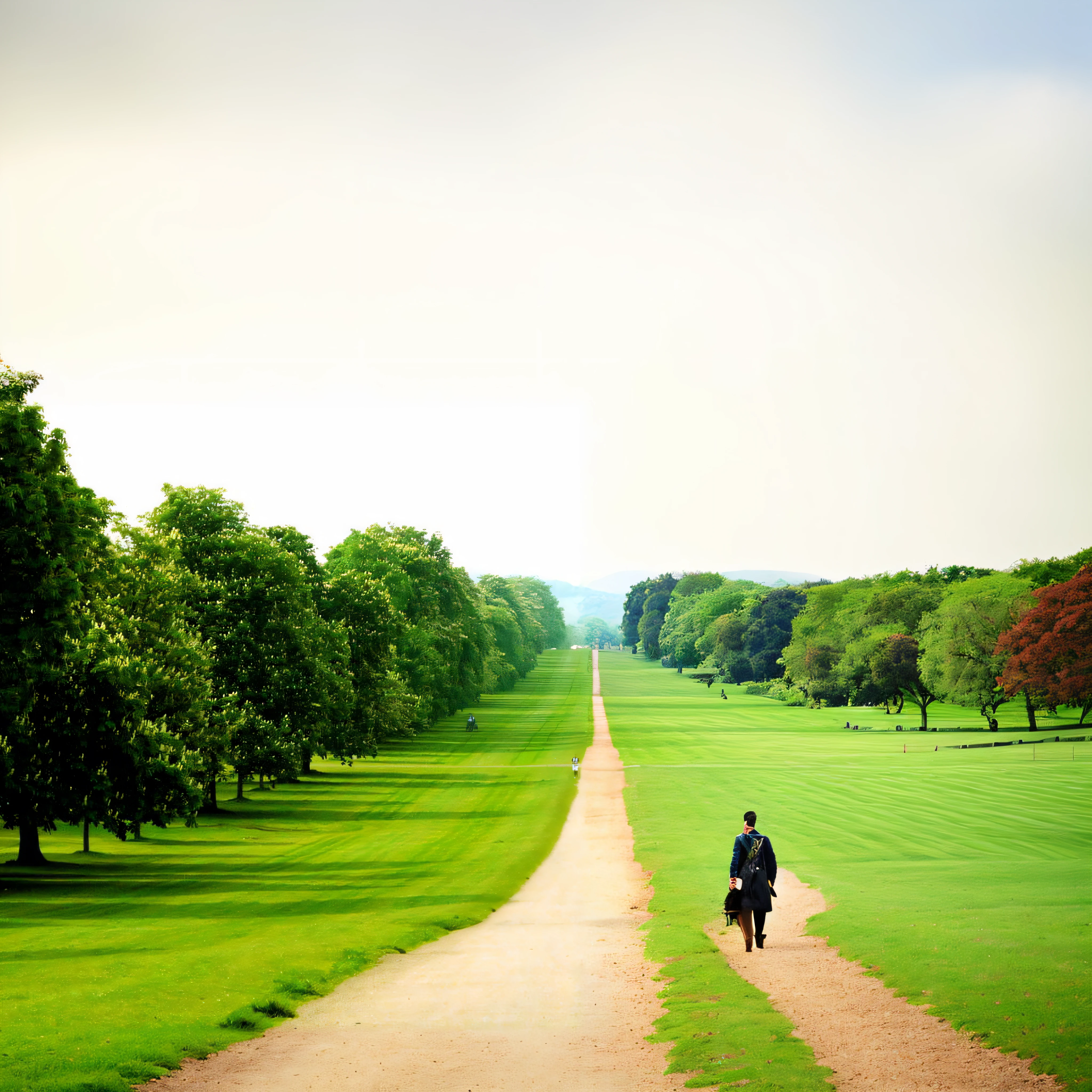 There's a man walking down a trail with a dog on it., Royal Green y Nature Light, Rich vegetation, Landscape of the Royal Garden, Calle verde perfecta, Antecedentes del parque, Espacios verdes, Paisaje del parque, Vibrant vegetation, hermoso entorno, Entorno encantador, Prados verdes, Beautiful English countryside, hermoso fondo de pantalla, Green Alley, verdant trees, royal garden background, large green trees