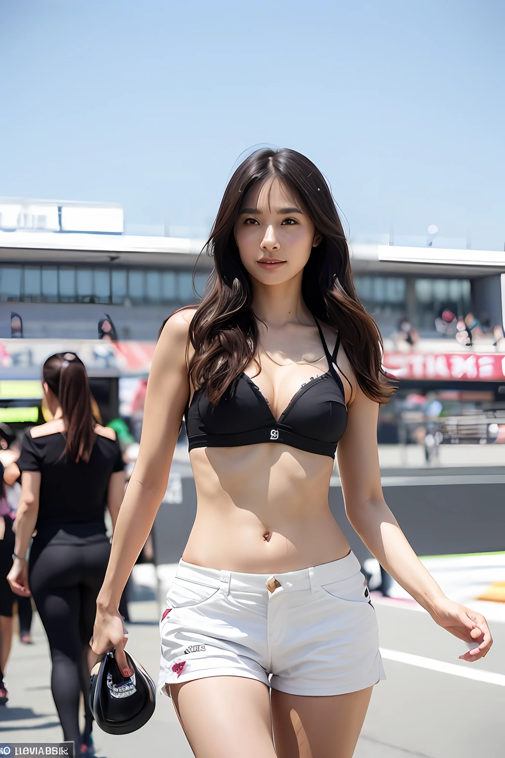 (extra detailed body、extra detailed face、best qualtiy:1.2)、femele、looking at the viewers、(Grid Girl、Split abs、short pants、cleavage of the breast)、(F1 race in the background:1.4)