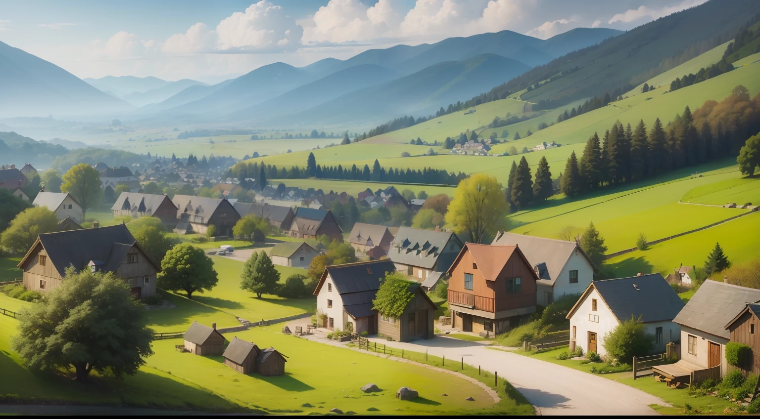 A quaint village nestled between rolling hills and lush meadows