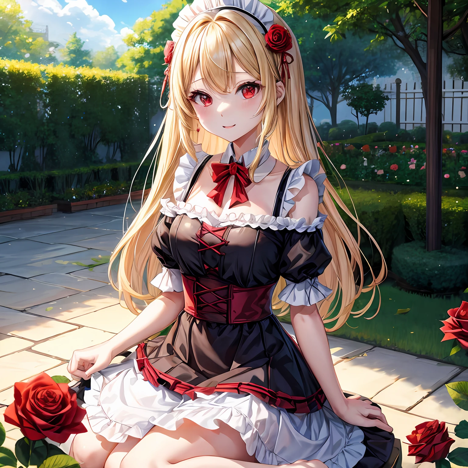 a blond、red eyes、One pretty girl、独奏、animesque、maid clothes、off shoulders、a miniskirt、A sexy、Rose Garden