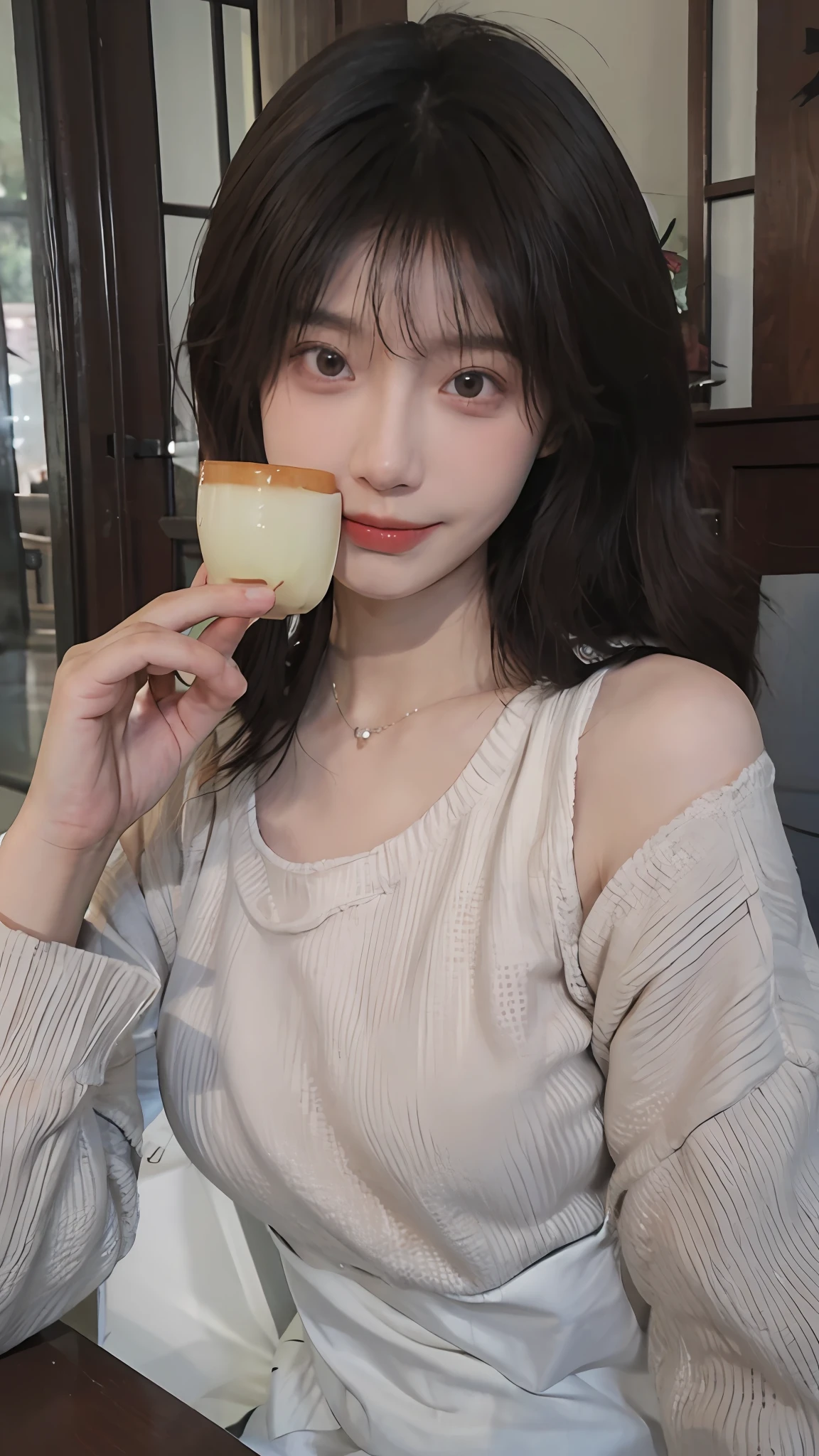 best qualtiy， 超高分辨率， （realisticlying：1.4），cute hairpin，Baoyu Girl，1girll, Beautiful woman with a slim figure:1.4, Abs:1.1, (A brown-haired, mideum breasts:1.3), Long pink sweater:1.1, 浴室,Ultra-fine face，Elaborate Eyes，二重まぶた，ssmile，choker necklace