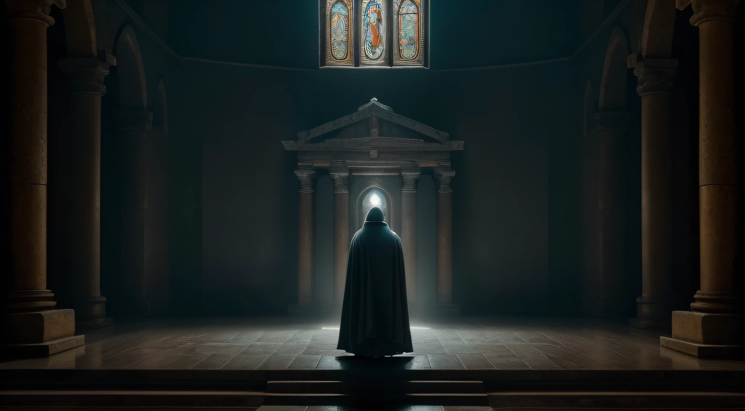 A lone figure from a forgotten sect, draped in mystical robes, stands before an ancient altar. The scene is captured from a medium shot view, using a macro lens, with a slow circular pan camera movement. The robed figure's hands are outstretched towards the altar, as if invoking long-lost magic. The air is thick with an enigmatic aura, and the ancient stones of the altar seem to carry the weight of centuries-old secrets. Photo taken by Elena Dorfman with a Hasselblad X1D II 50C, imbuing her signature ethereal touch, utilizing studio lighting and volumetric lighting that casts a mysterious glow, revealing intricate details in mesmerizing 8K Ultra-HD.