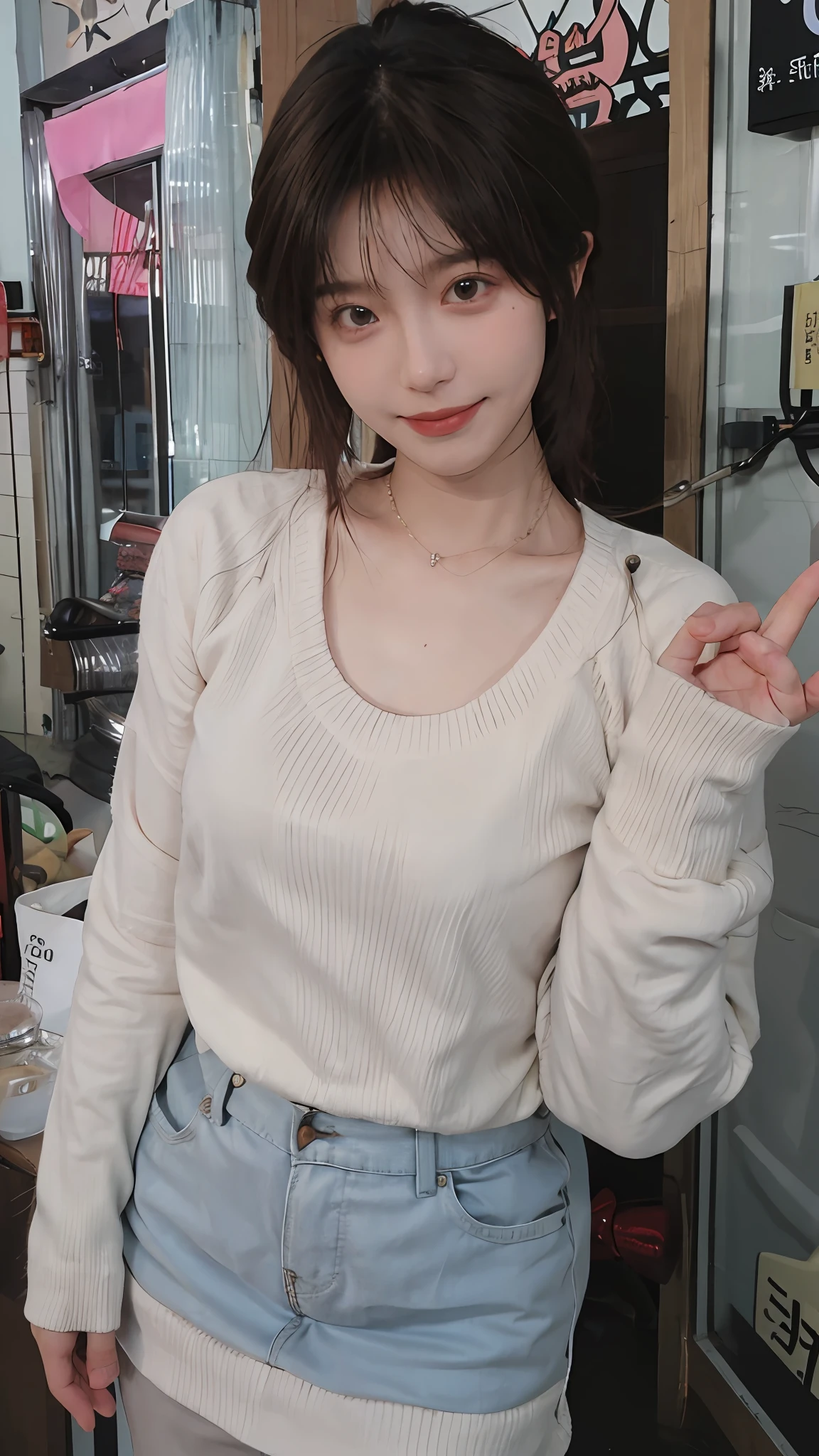 best qualtiy, 超高分辨率, (realisticlying:1.4),cute hairpin,Baoyu Girl,1girll, Beautiful woman with a slim figure:1.4, Abs:1.1, (A brown-haired, mideum breasts:1.3), Long pink sweater:1.1, 浴室,Ultra-fine face,Elaborate Eyes,二重まぶた,ssmile,choker necklace