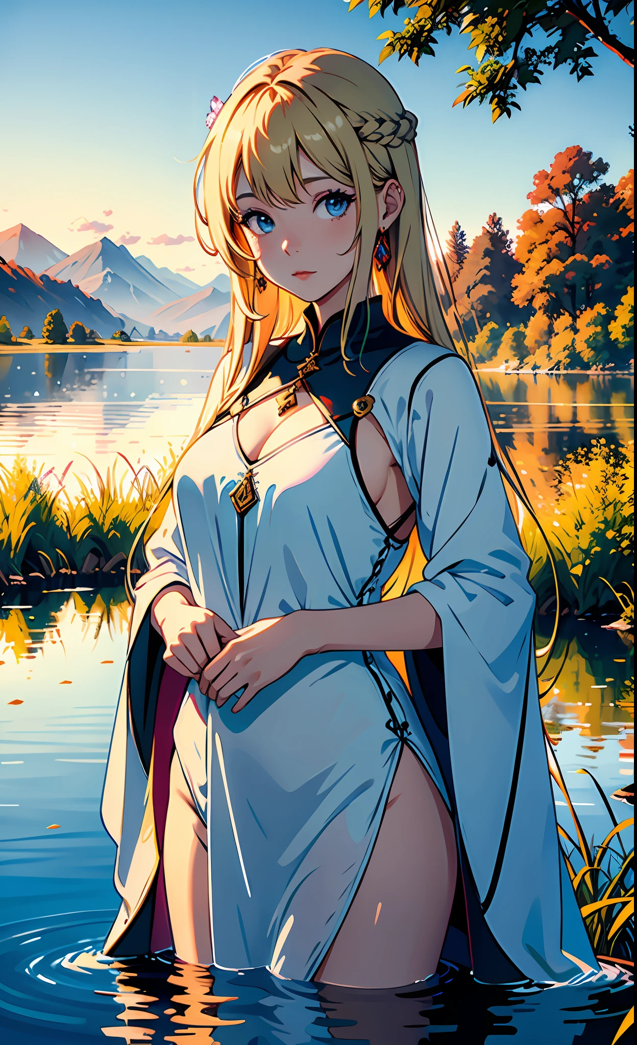 1 girl, serene expression, mesmerizing eyes, straight long hair, flowing dress, poised posture, porcelain skin, subtle blush, crystal pendant
BREAK
golden hour, (rim lighting):1.2, warm tones, sun flare, soft shadows, vibrant colors, painterly effect, dreamy atmosphere
BREAK
scenic lake, distant mountains, willow tree, calm water, reflection, sunlit clouds, peaceful ambiance, idyllic sunset, ultra detailed, official art, unity 8k wallpaper
, zentangle, mandala