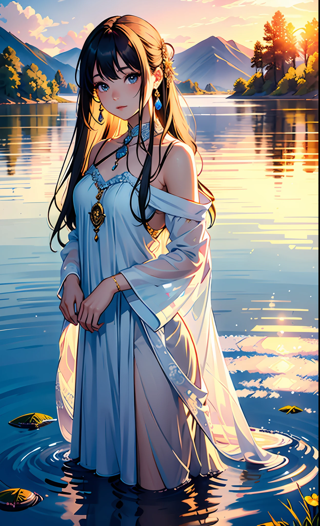 1 girl, serene expression, mesmerizing eyes, straight long hair, flowing dress, poised posture, porcelain skin, subtle blush, crystal pendant
BREAK
golden hour, (rim lighting):1.2, warm tones, sun flare, soft shadows, vibrant colors, painterly effect, dreamy atmosphere
BREAK
scenic lake, distant mountains, willow tree, calm water, reflection, sunlit clouds, peaceful ambiance, idyllic sunset, ultra detailed, official art, unity 8k wallpaper
, zentangle, mandala