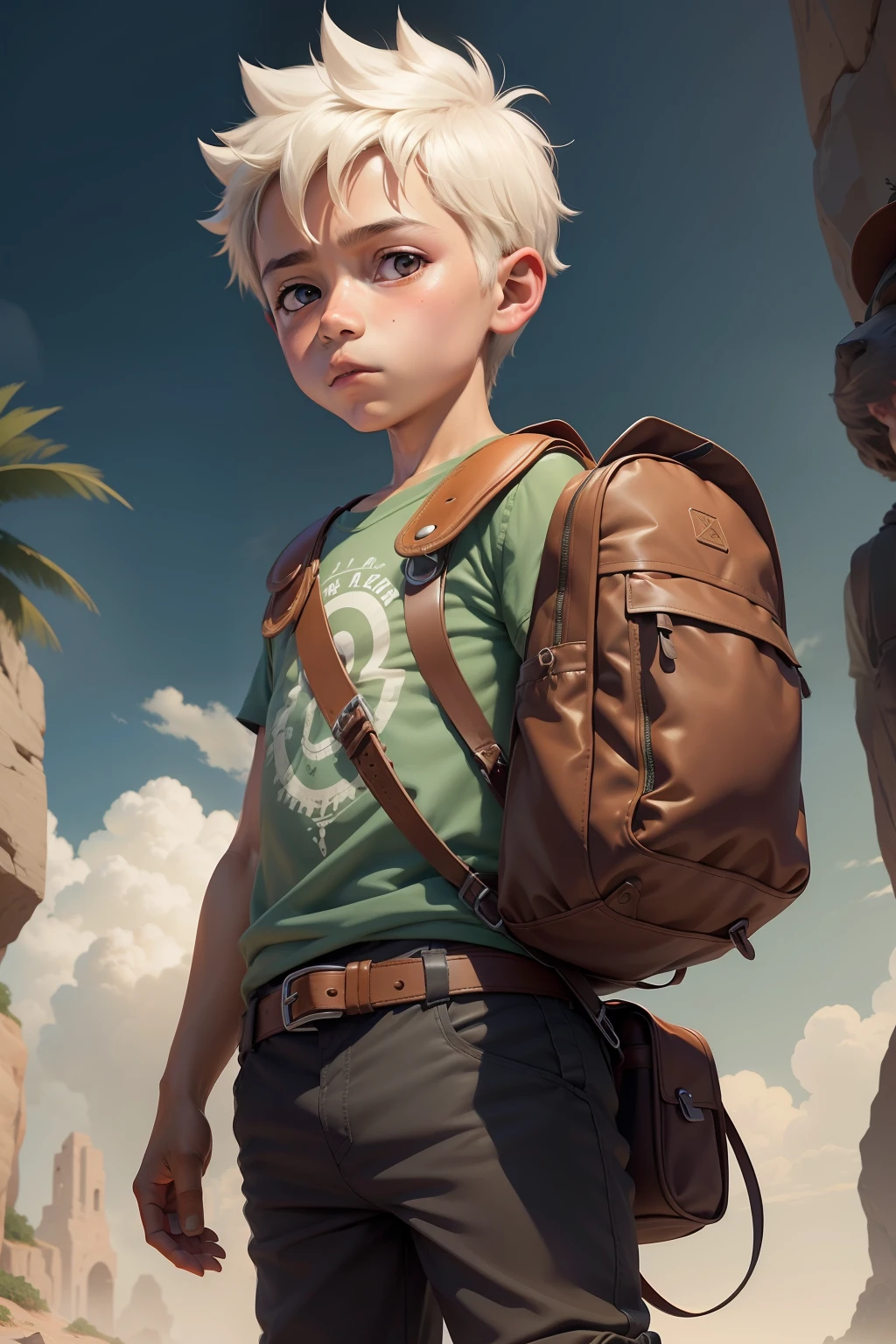 Crie a imagem de um garoto aventureiro para um desenho animado infantil. entre 6 , without glasses, com mochila, um aventureiro destemido.”