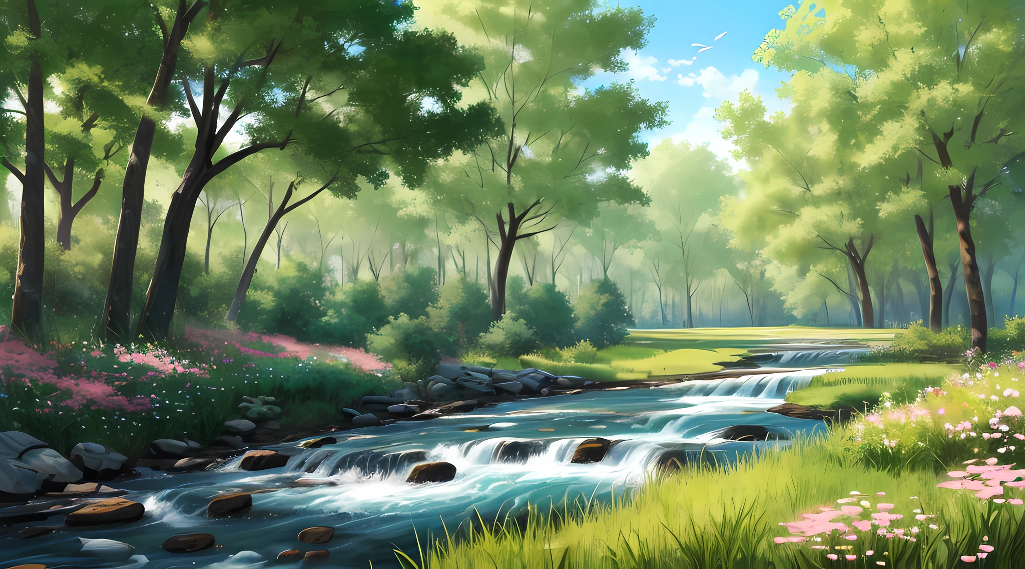 Flowers, grass, trees, wood, birds, rivers, sky