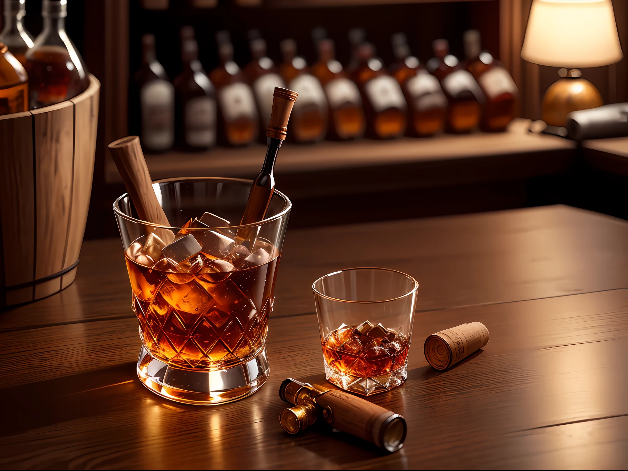 Whiskey bottles, whiskey glasses, ice bucket, pistol, single rose,close up, no human