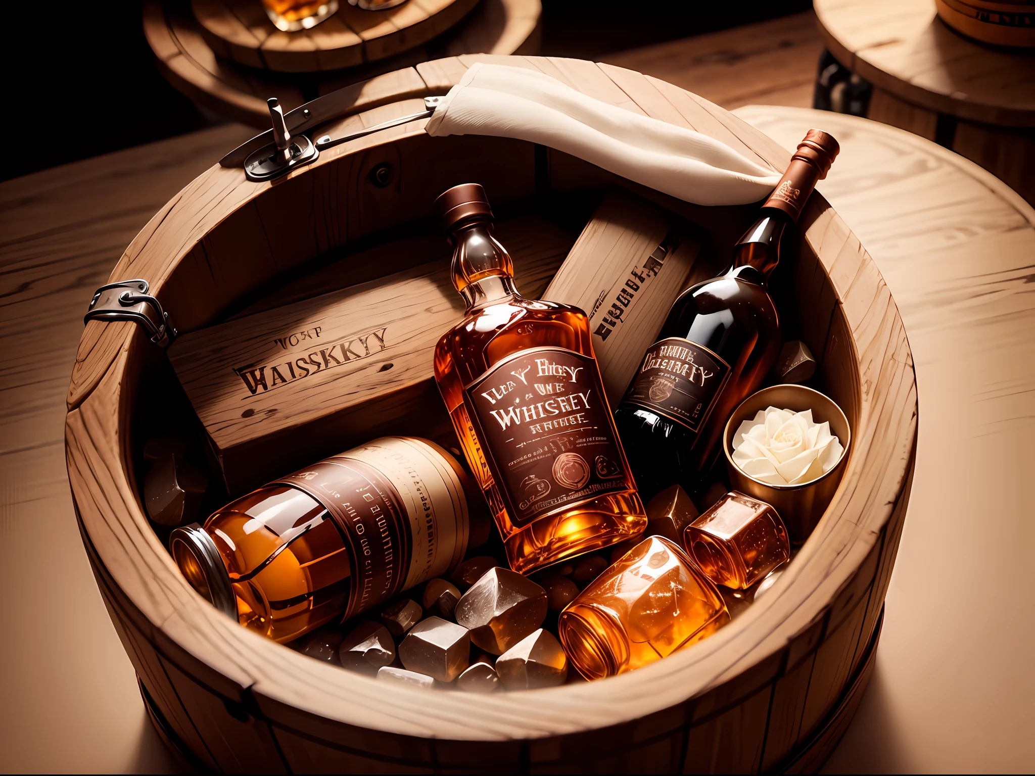 Whiskey bottles, whiskey glasses, ice bucket, pistol, single rose,close up, no human
