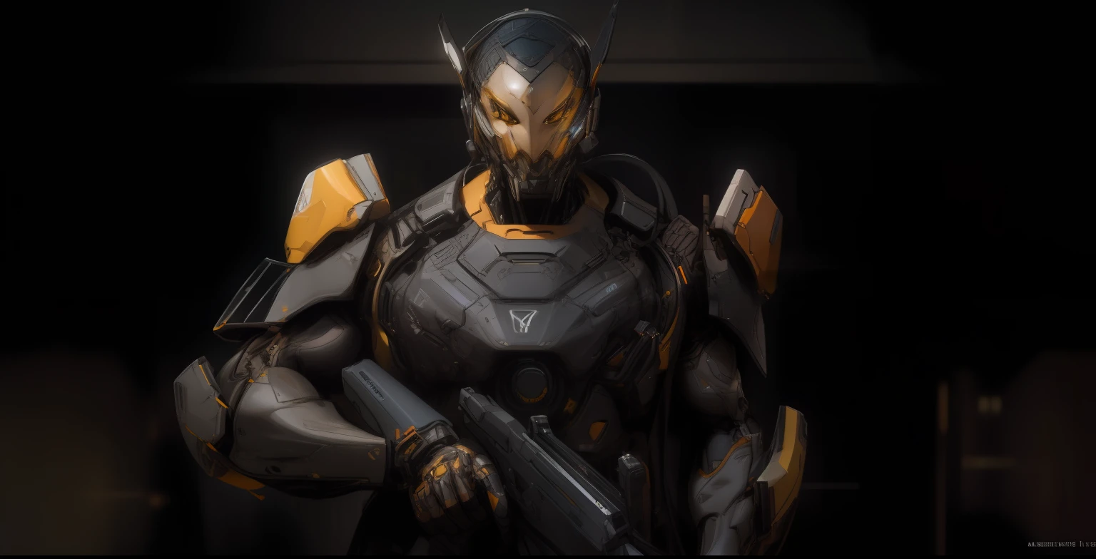 a close up of a person in a suit holding a gun, menacing. unreal 5, unreal engine character art, cinematic unreal 5, unreal 5 render, cybernetic and highly detailed, unreal octane render, octane 4k render, octane 4 k render, black armor with yellow accents, octane 8 k render, octane 8k render, rendered in unreal 5