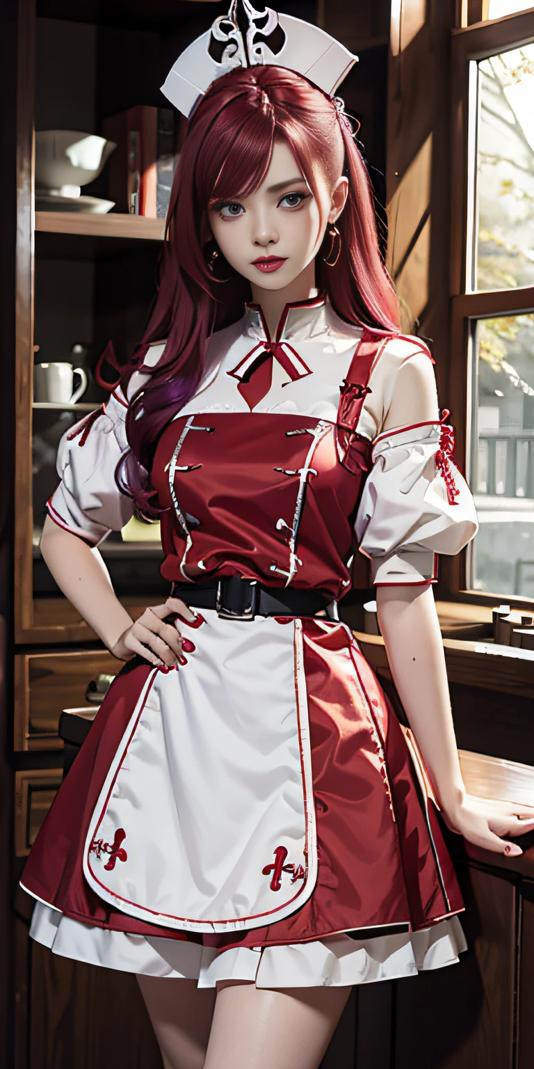 1 saint priest Spatula with red and white dress, purple eyes, red hair, between 16 years old
