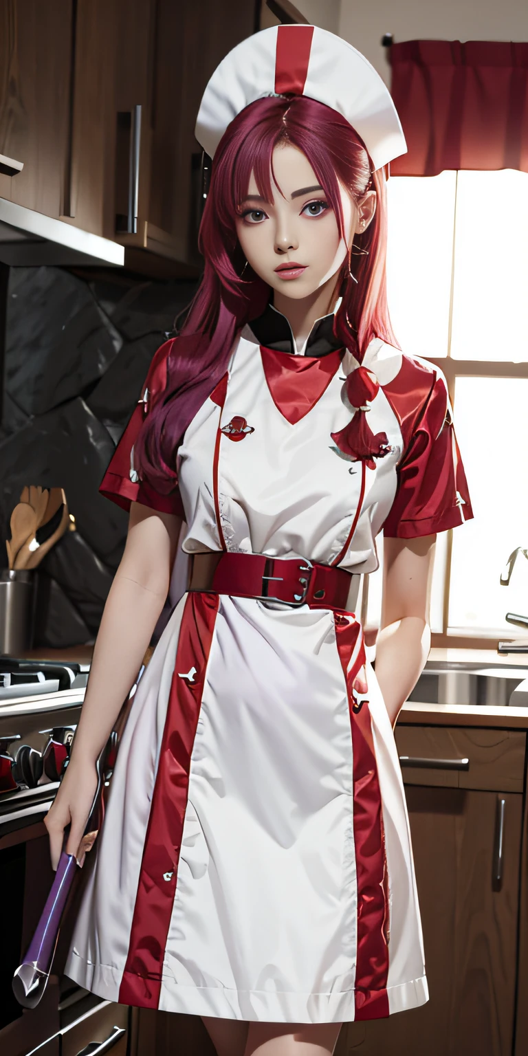 1 saint priest Spatula with red and white dress, purple eyes, red hair, between 