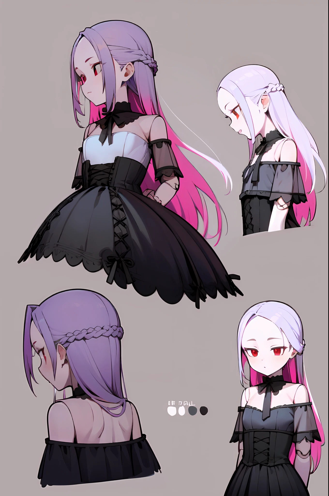 masterpiece, illustration, best quality, ++, 1girl, solo, light purple hair, long hair, french braid, single sidelock, forehead, red eyes, multicolored eyes, small breasts, flat chest, ****, victorian dress, embellished dress, black dress, corset, neckwear, off-shoulder dress, frills, doll, doll joints, ++, ((character reference sheet, same character in different poses, character turnaround, multiple views)), (transparent background, gray background:1.2), arms behind back, upper body, portrait, cold, neutral