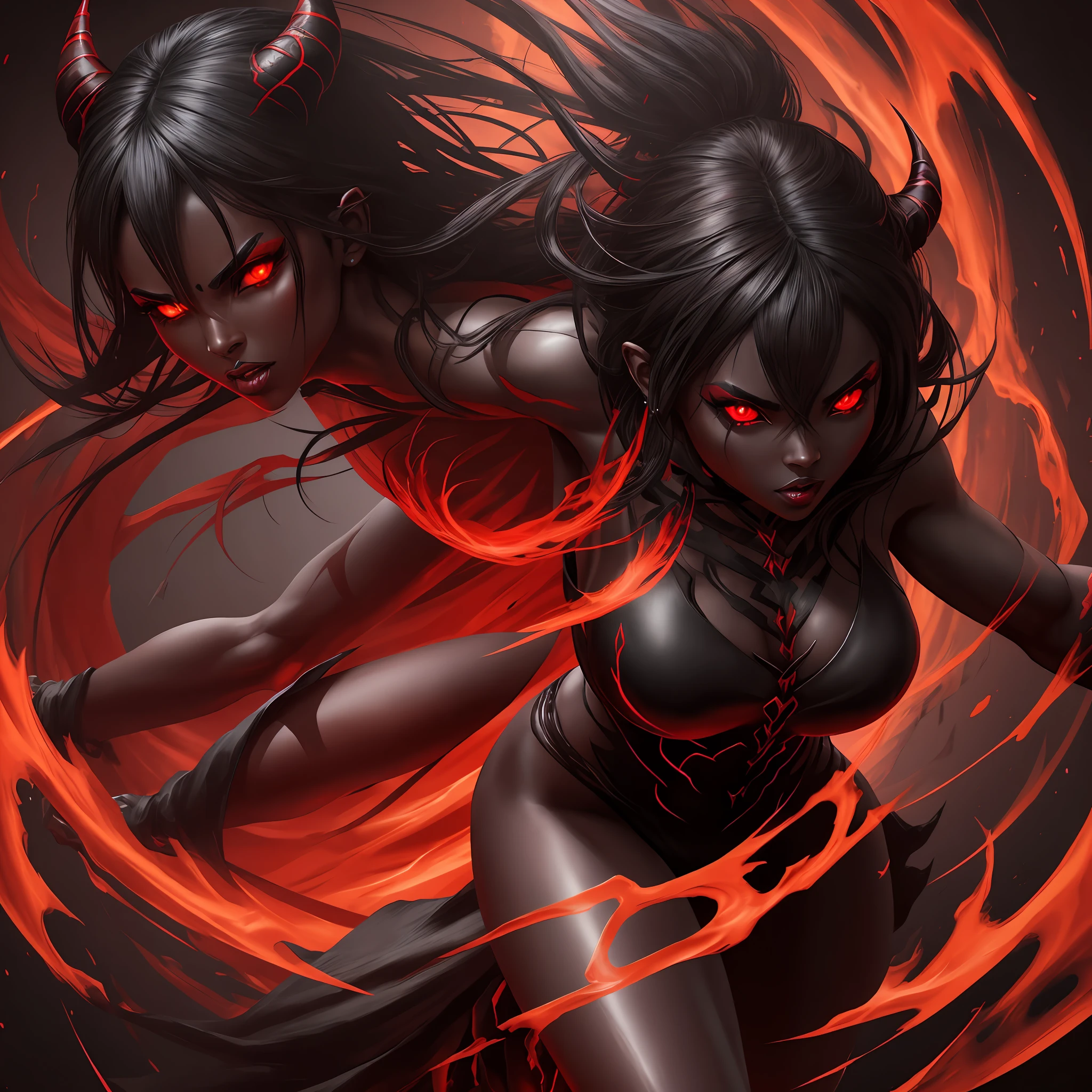 female demon, black background, red energy magic, red glowing eyes, black skin, dynamic pose, kawaii, fit build, gorgeous perfect face, in the style of realistic and hyper detailed renderings, zbrush, hyper realistic oil, contoured shading, dark scene, darkness