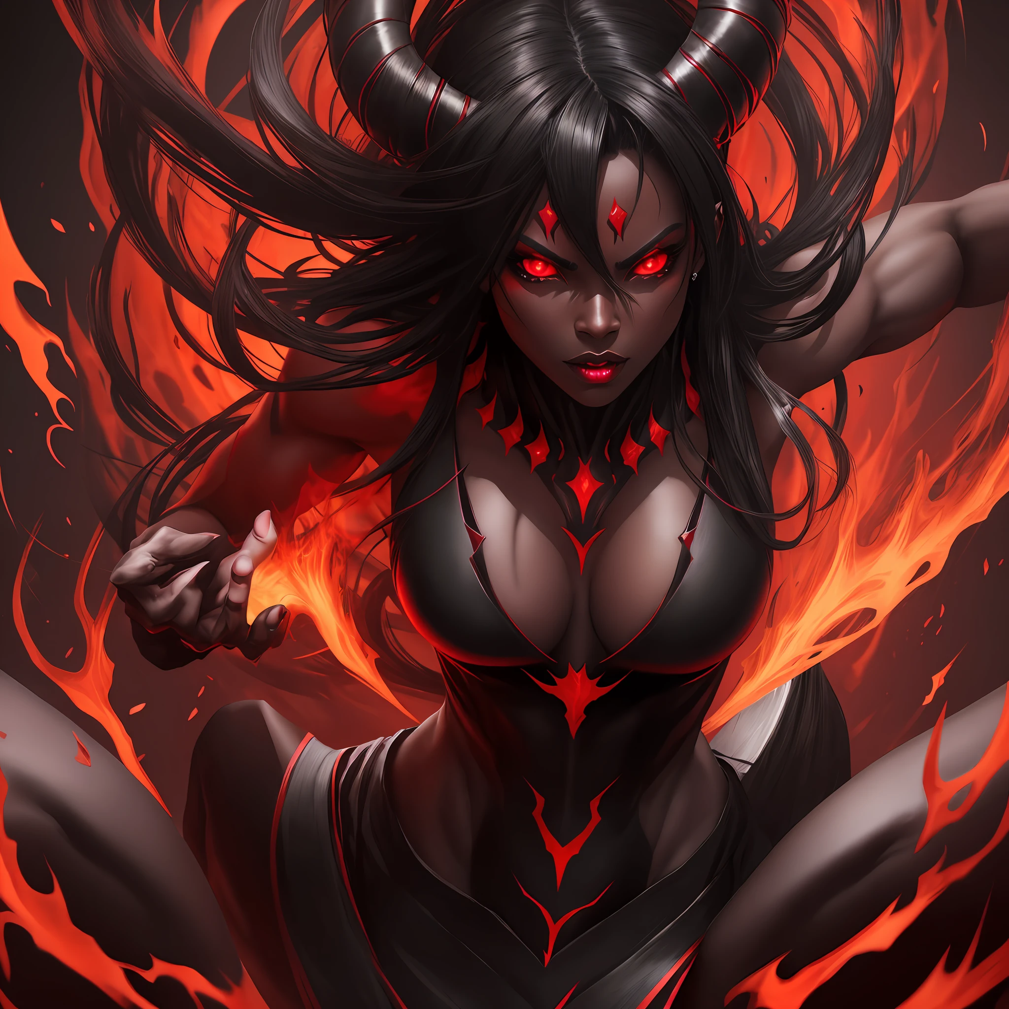 female demon, black background, red energy magic, red glowing eyes, black skin, dynamic pose, kawaii, fit build, gorgeous perfect face, in the style of realistic and hyper detailed renderings, zbrush, hyper realistic oil, contoured shading, dark scene, darkness