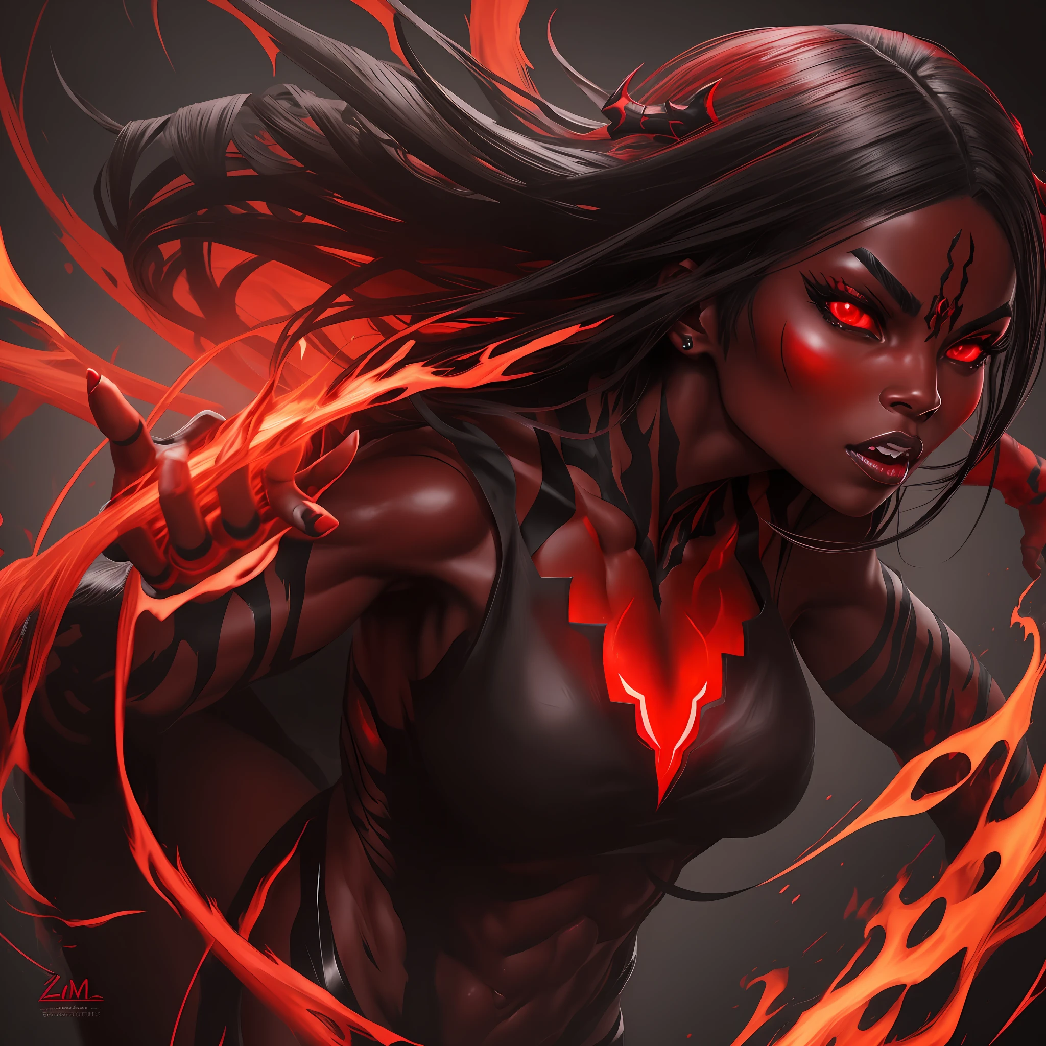 female demon, black background, red energy magic, red glowing eyes, black skin, dynamic pose, kawaii, fit build, gorgeous perfect face, in the style of realistic and hyper detailed renderings, zbrush, hyper realistic oil, contoured shading, dark scene, darkness
