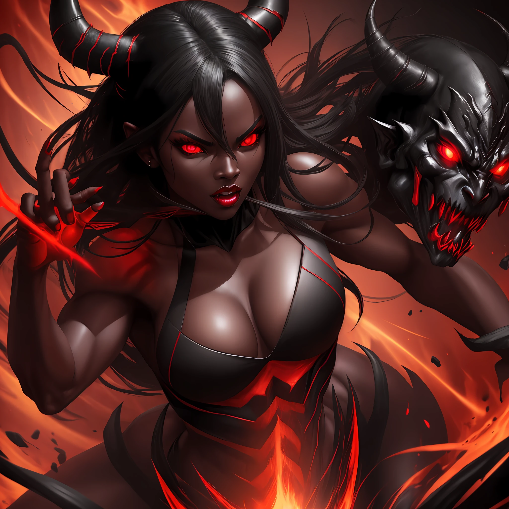 female demon, black background, red energy magic, red glowing eyes, black skin, dynamic pose, kawaii, fit build, gorgeous perfect face, in the style of realistic and hyper detailed renderings, zbrush, hyper realistic oil, contoured shading, dark scene, darkness