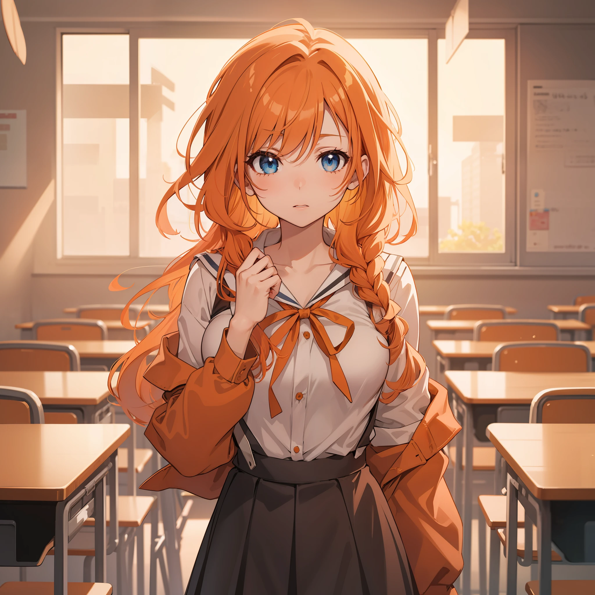 Anime girl, orange hair, school uniform, classroom, blue eyes