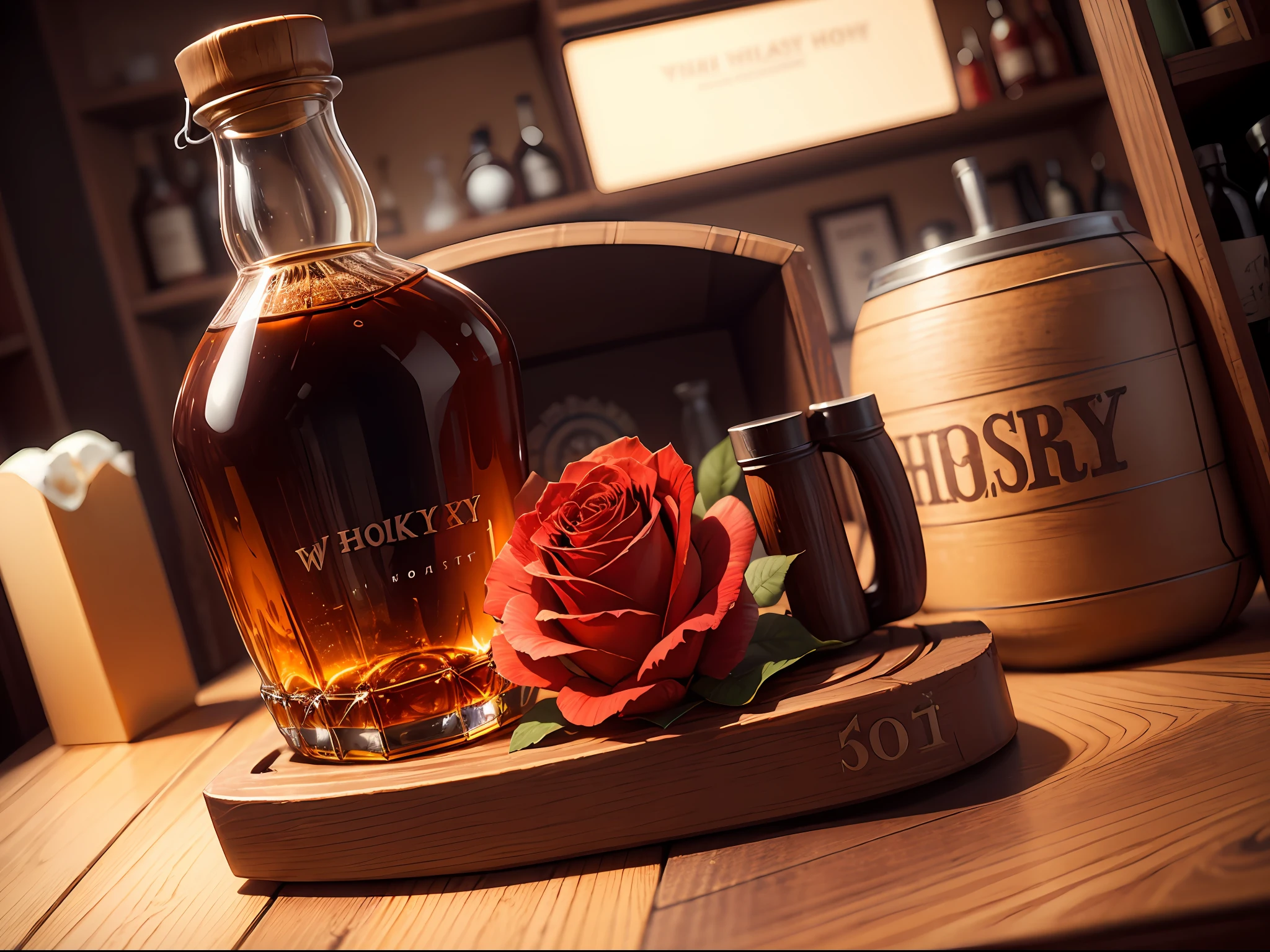 a Whiskey bottle, a glasse, pitcher, pistol, single rose, hard boiled , no human, mystery novel cover photo
