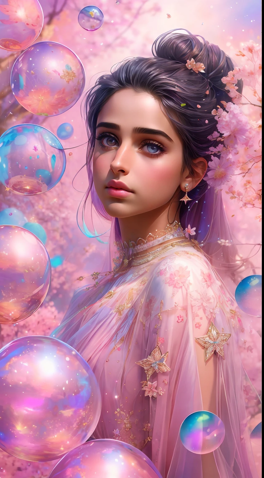 ((masterpiece)). This artwork is sweet, dreamy and ethereal, with soft pink watercolor hues and candy accents. Generate a delicate and demure fae exploring a (bubblegum world with a wide variety of pastel shades). Her sweet face is extremely detailed and realistic with elegant features and a fierce expression, and looks like ((((naomi scott)))). Include mature features and stunning, highly realistic eyes. Her eyes are important and should be realistic, highly detailed, and beautiful. In high definition and detail, include lots of details like stars, galaxies, colorful bubbles, colorful petals, and lots of energy and emotion! The stars and colorful bubblegum bubbles are important! Include fantasy details, enhanced details, iridescence, colorful glittering wind, and pollen. Pay special attention to her face and make sure it is beautifully and realistically detailed. The image should be dreamy and ethereal.8k, intricate, elegant, highly detailed, majestic, digital photography