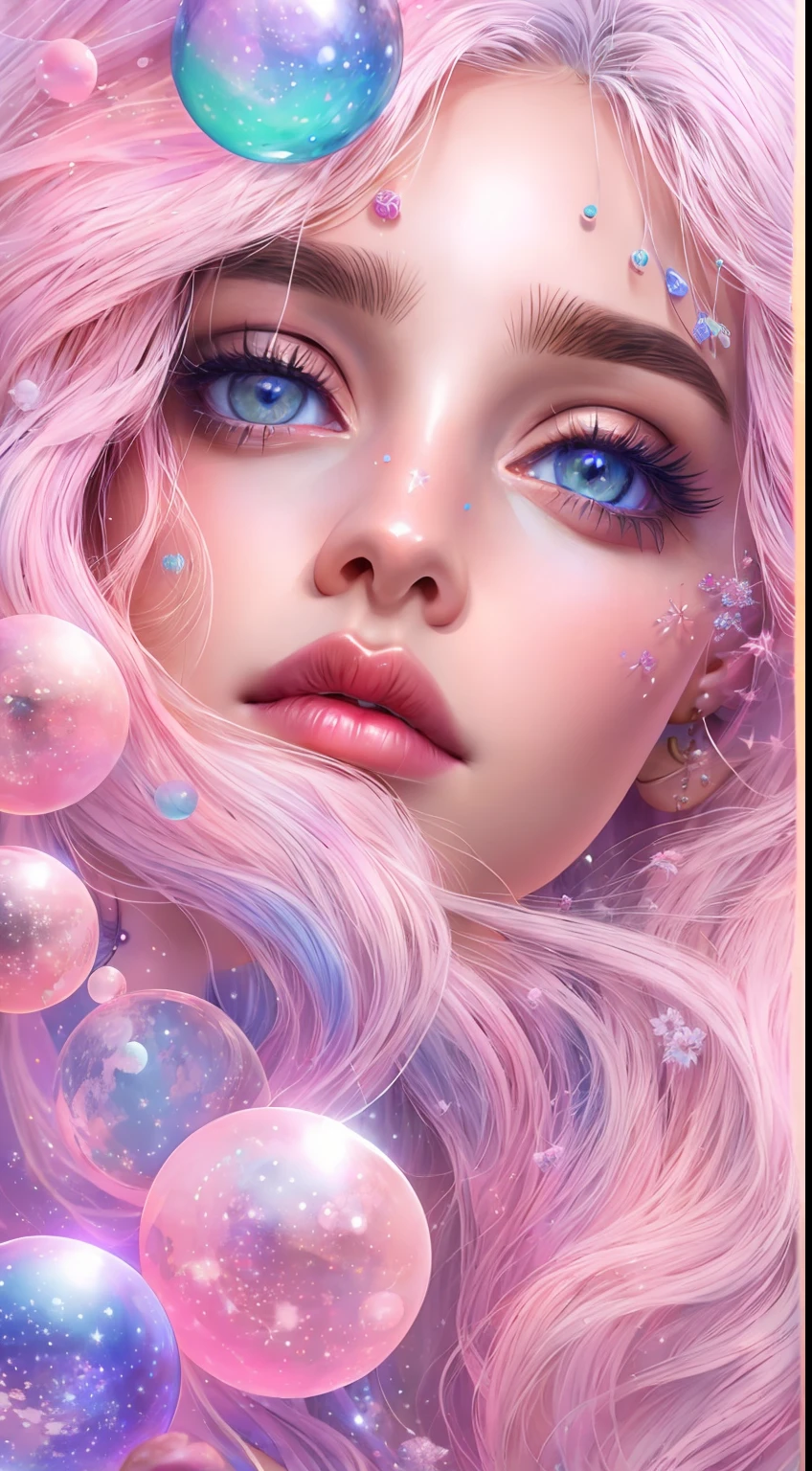 ((masterpiece)). This artwork is sweet, dreamy and ethereal, with soft pink watercolor hues and candy accents. Generate a delicate and demure fae exploring a (bubblegum world with a wide variety of pastel shades). Her sweet face is extremely detailed and realistic with elegant features and a fierce expression, and looks like ((((naomi scott)))). Include mature features and stunning, highly realistic eyes. Her eyes are important and should be realistic, highly detailed, and beautiful. In high definition and detail, include lots of details like stars, galaxies, colorful bubbles, colorful petals, and lots of energy and emotion! The stars and colorful bubblegum bubbles are important! Include fantasy details, enhanced details, iridescence, colorful glittering wind, and pollen. Pay special attention to her face and make sure it is beautifully and realistically detailed. The image should be dreamy and ethereal.8k, intricate, elegant, highly detailed, majestic, digital photography