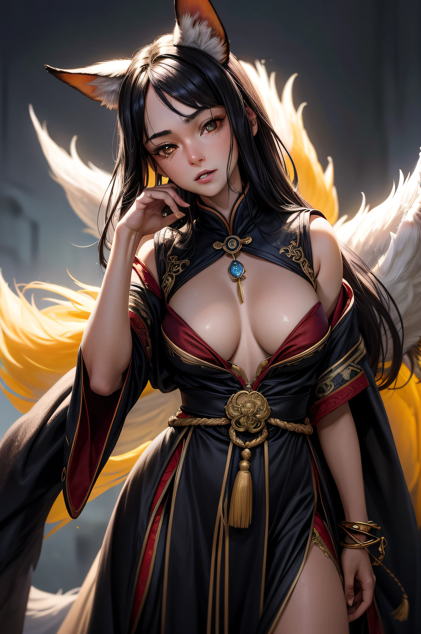 Uma linda deusa feminina ((raposa de corpo inteiro)), com detalhes nas caudas, (((kitsune de nove caudas))), em pele azulada com tons de branco e cabelos ultra realistas lindos como a neve, cabelos loiros, olhos verdes, orelhas de animal, modelagem facial perfeita magia leve, com um toque de surrealismo, hiperdetalhado, artefatos jpeg, UHD, obra-prima, anatomicamente perfeito, curadoria, super detalhado, alto detalhe, alta qualidade, alto detalhe, superior, 8k, Greg Rutkowski, genial, detalhe intrincado, conceito de fantasia arte, obra-prima da arte desviante, cinematic and photographic in great image detail, nitidez absoluta, qualidade de textura geral insanamente alta, insanely realistic visible skin pores, 16K UHD, foco nítido, profundidade de campo profundo, de extrema beleza, Fujifilm GFX 50S camera , with extreme perfection.