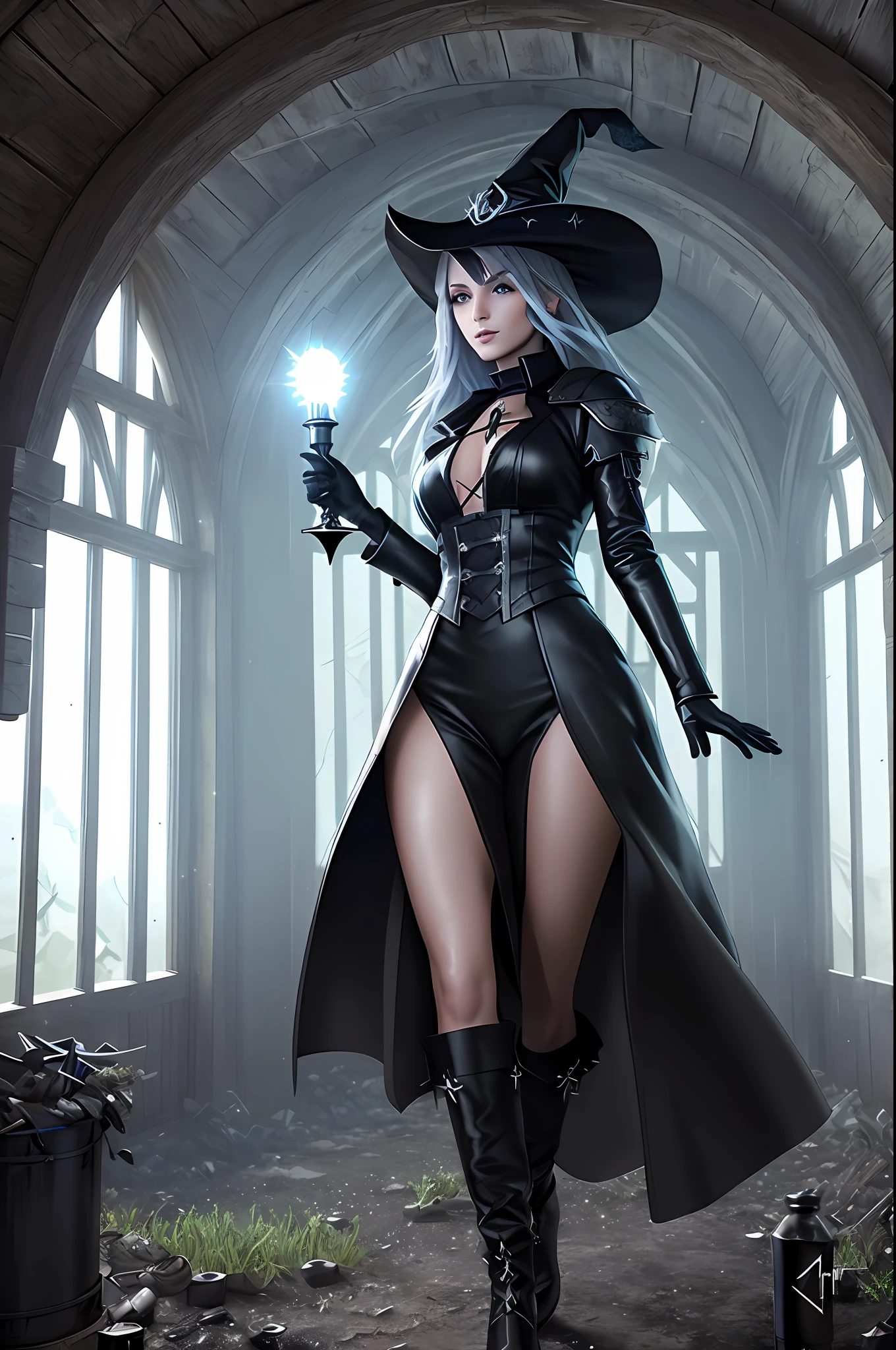 by Greg Rutkowski, modelshoot style, (extremely detailed CG unity 8k wallpaper), an evil beautiful witch is doing chemical experiments in an old abandoned medieval hut with black magic and a lot of alchemical test tubes, dark fantasy style, masterpiece, highest quality, lens flare, shade, bloom, [[chromatic aberration]],  digital painting ,ultra-detailed ,  sharp focus, vivid colors