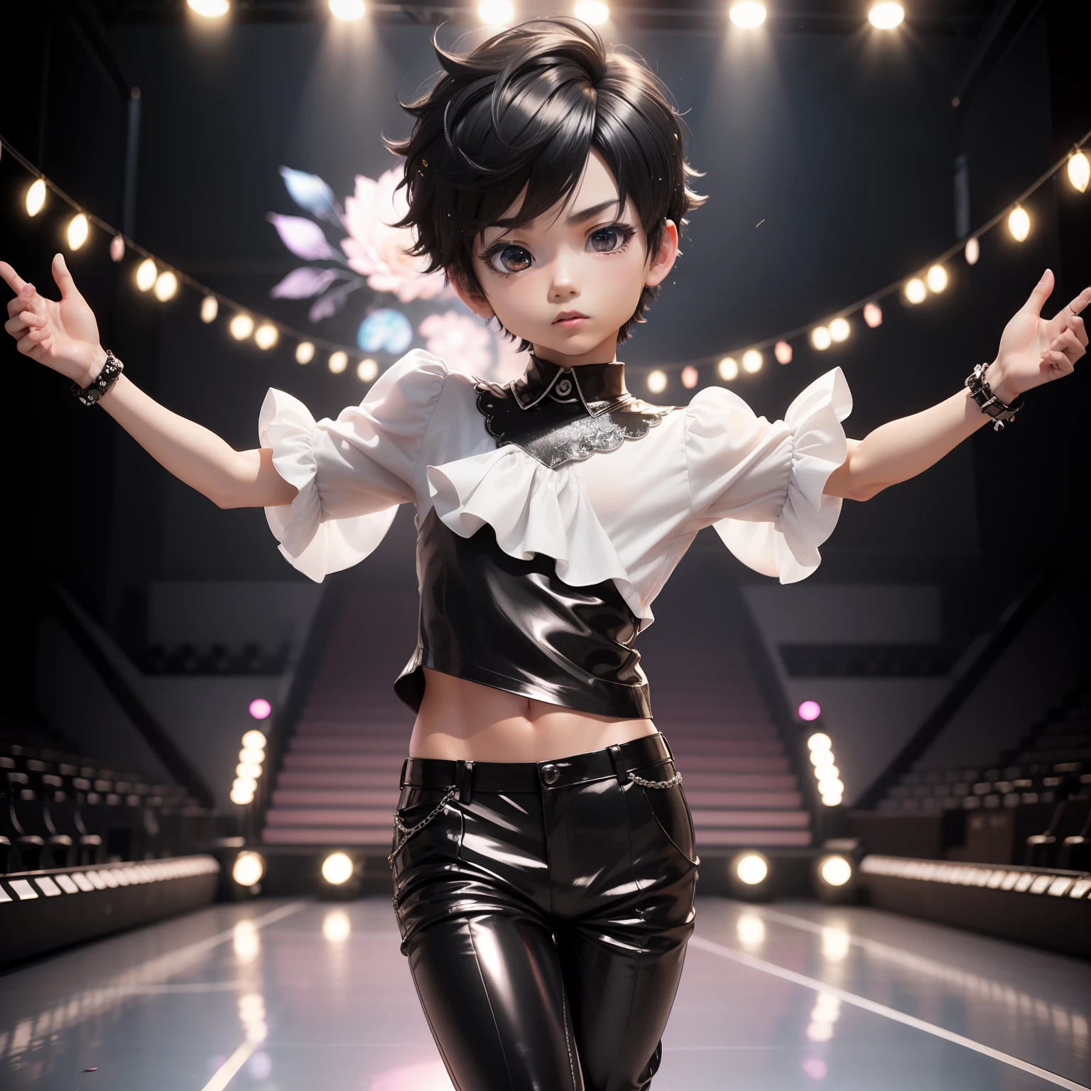 (((chibi3d)))25-year-old boy , chibi anime male solo lo/ Black short-cut hair swaying in the wind,Ruffled sleeves,White blouse with sequins,Black shiny slim pants,Doing figure skating,Wearing figure skating shoes,Skating Stadium
