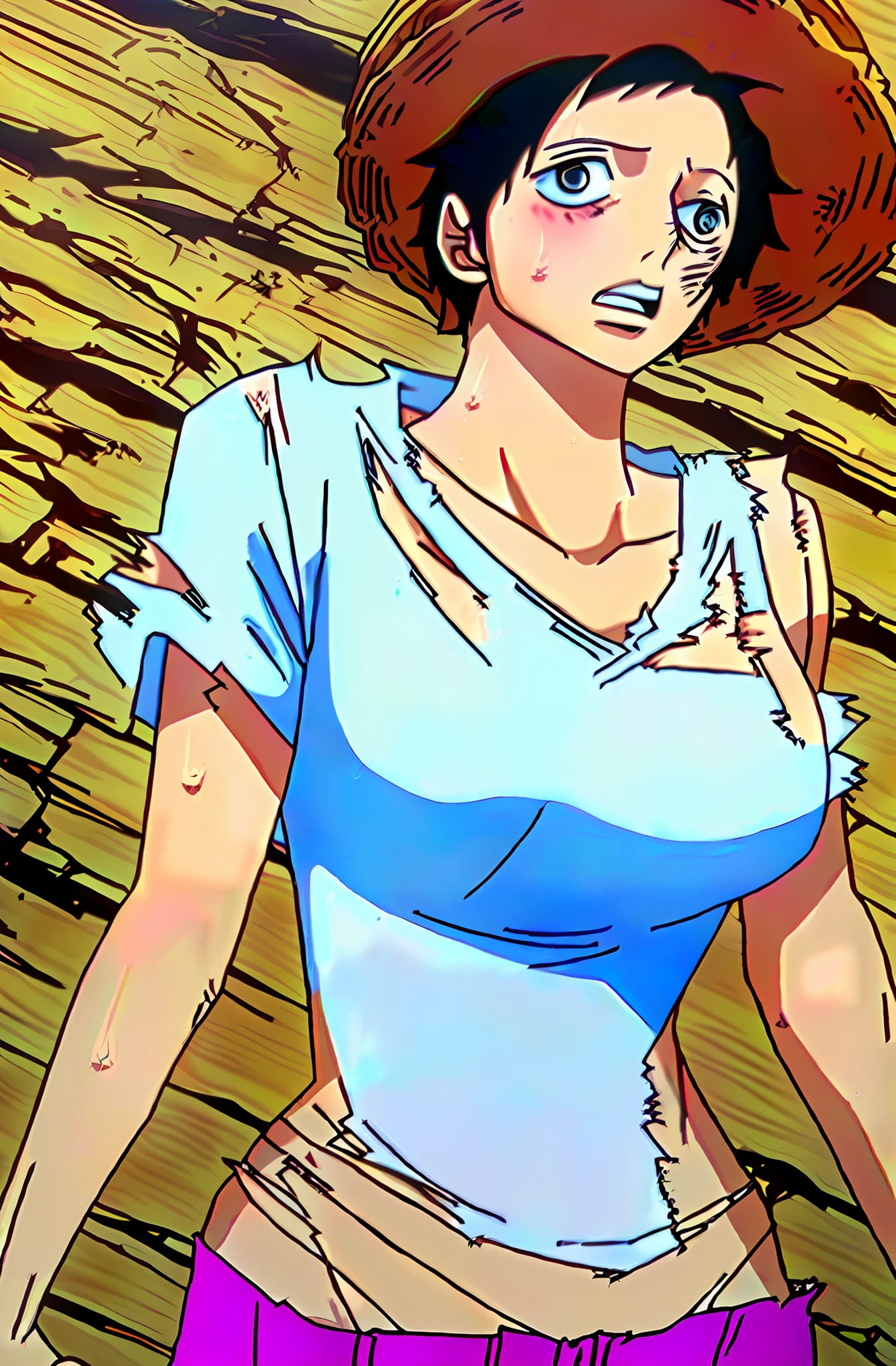 Big-breasted mom lying on straw, clothes torn,Wearing sweat, The son scratches his mother's tits