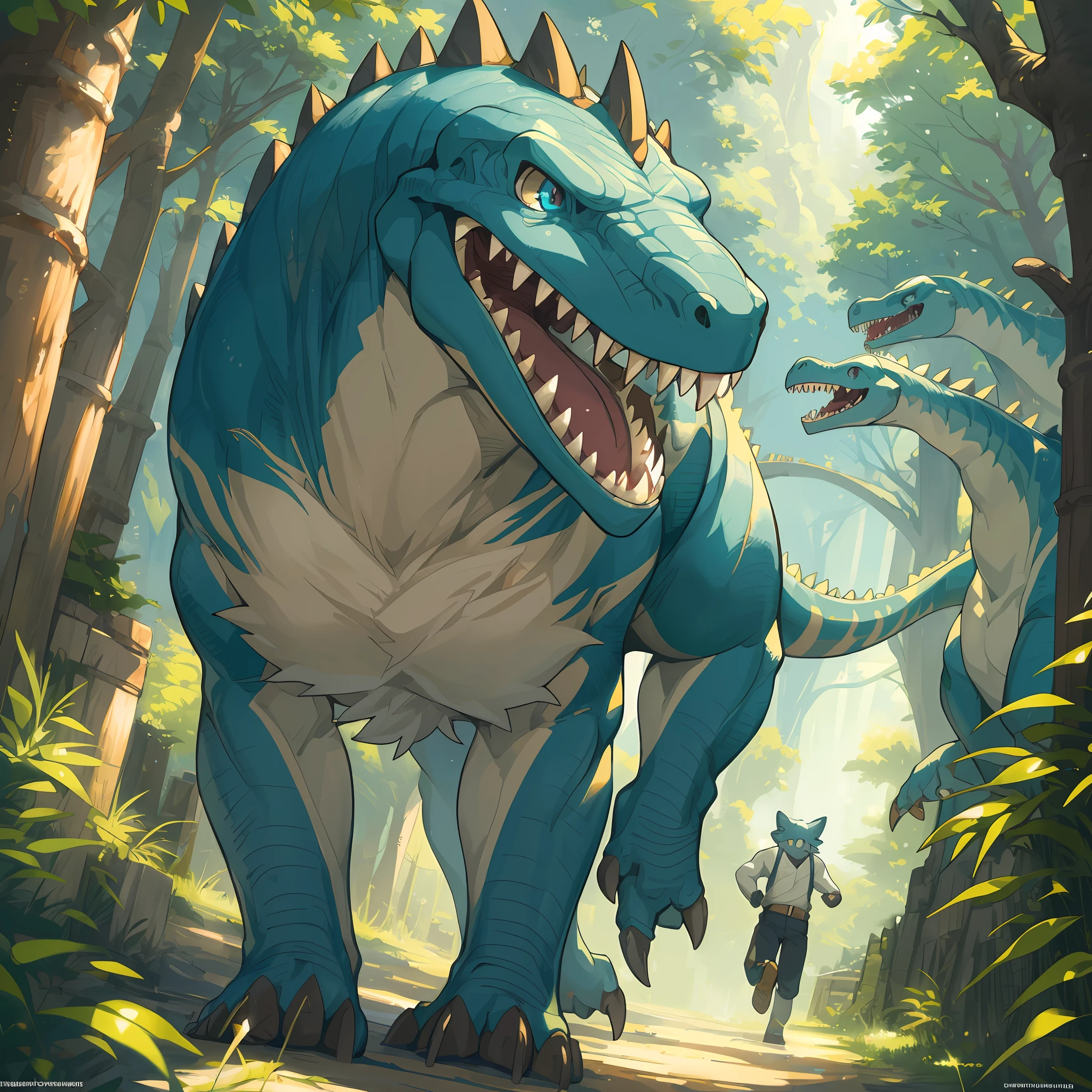 top quality, best quality, High-quality illustrations, masterpiece, super high resolution, detailed background, detailed backgroundJurassic Park, Running away, 6+boys, 6+girls, absurdres(highly detailed beautiful face and eyes)perfect anatomy, expression, good lighting, cinematic shadow(kemono, furry anthro),