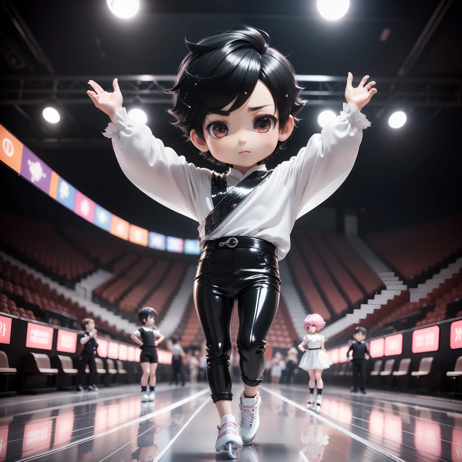 (((chibi 3d)))25-year-old boy , chibi anime bad only lo/ Black short-cut hair swaying in the wind,Ruffled sleeves,White blouse with sequins,Slim pants with black gloss,Doing figure skating,Wearing figure skating shoes,Skating Stadium