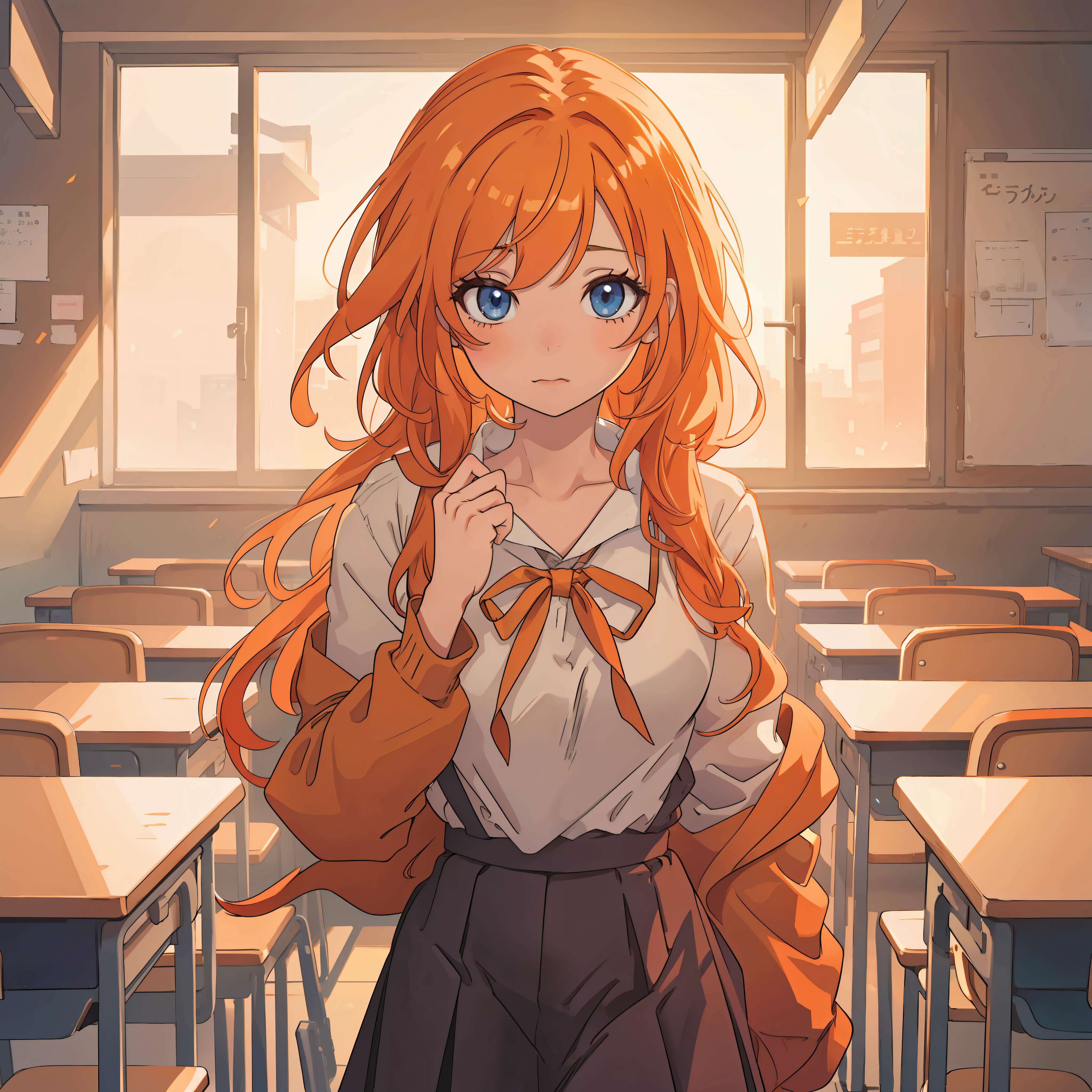 Anime girl, orange hair, school uniform, classroom, blue eyes