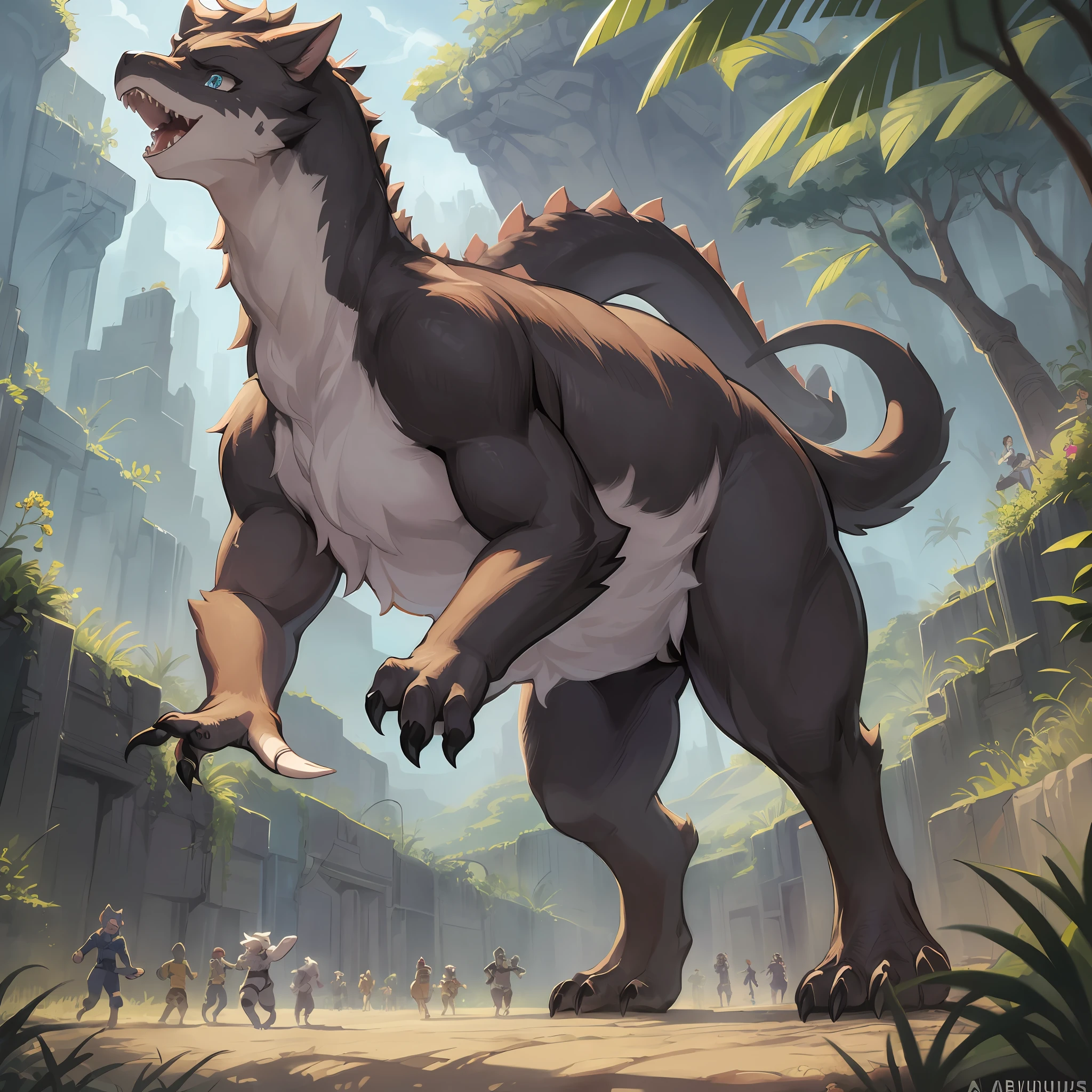 top quality, best quality, High-quality illustrations, masterpiece, super high resolution, detailed background, detailed backgroundJurassic Park, Running away, 6+boys, 6+girls, absurdres(highly detailed beautiful face and eyes)perfect anatomy, expression, good lighting, cinematic shadow(kemono, furry anthro),