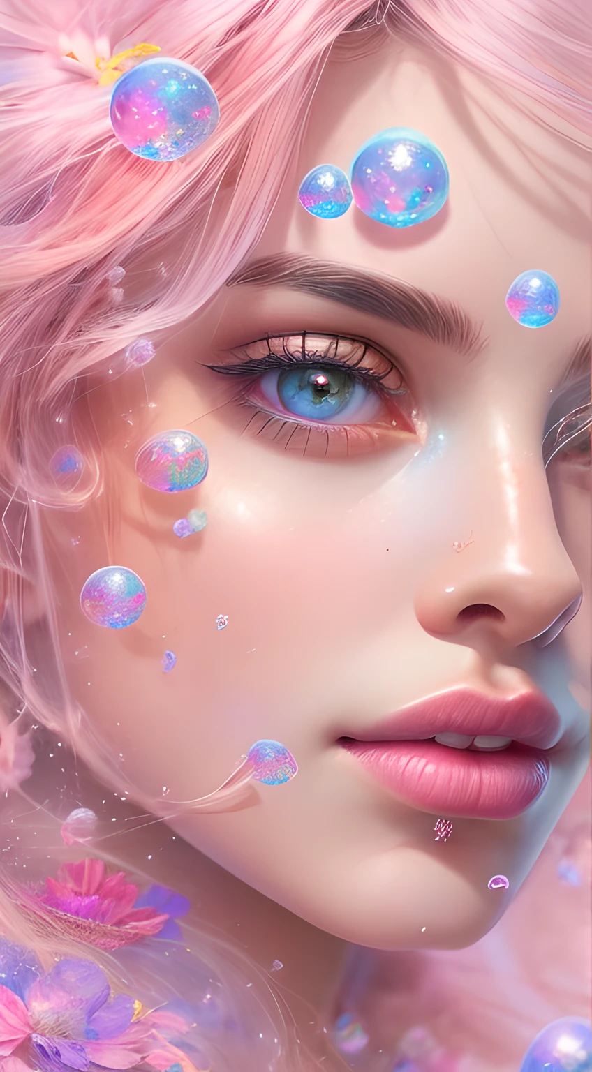 ((masterpiece)). This artwork is sweet, dreamy and ethereal, with soft pink watercolor hues and candy accents. Generate a delicate and demure fae exploring a (bubblegum world with a wide variety of pastel shades). Her sweet face is extremely detailed and realistic with elegant features and a fierce expression, and looks like ((((naomi scott)))). Include mature features and stunning, highly realistic eyes. Her eyes are important and should be realistic, highly detailed, and beautiful. In high definition and detail, include lots of details like stars, galaxies, colorful bubbles, colorful petals, and lots of energy and emotion! The stars and colorful bubblegum bubbles are important! Include fantasy details, enhanced details, iridescence, colorful glittering wind, and pollen. Pay special attention to her face and make sure it is beautifully and realistically detailed. The image should be dreamy and ethereal.8k, intricate, elegant, highly detailed, majestic, digital photography