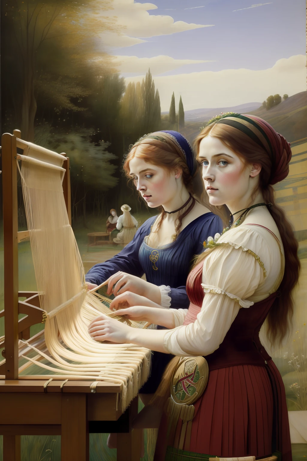 (((Pre-Raphaelite painting of Celtic women in a weaving competition, rostos delicados)))