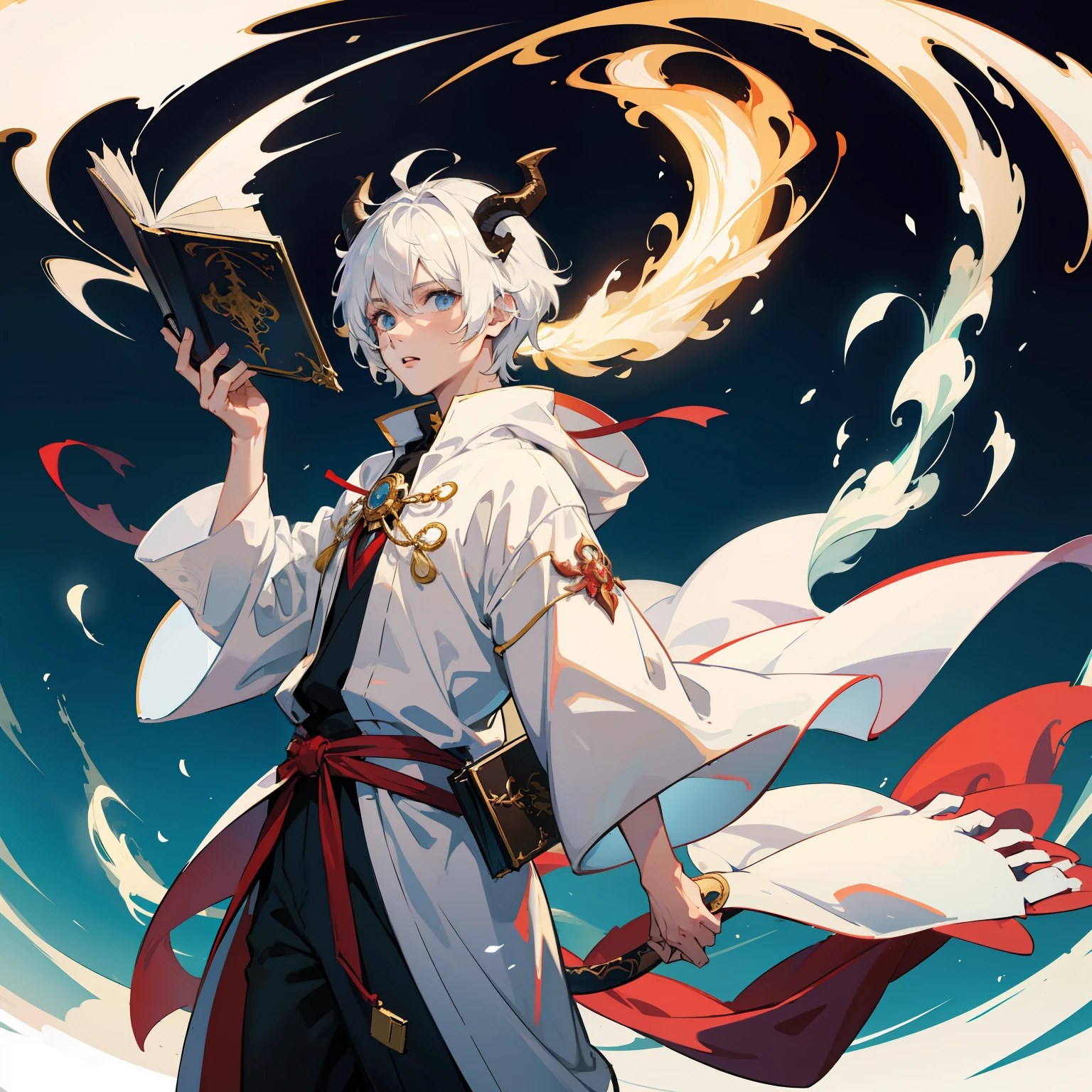 a anime boy wearing white sorcerer clothes holding a floating book, dragon horns, dragon tail, short white hair