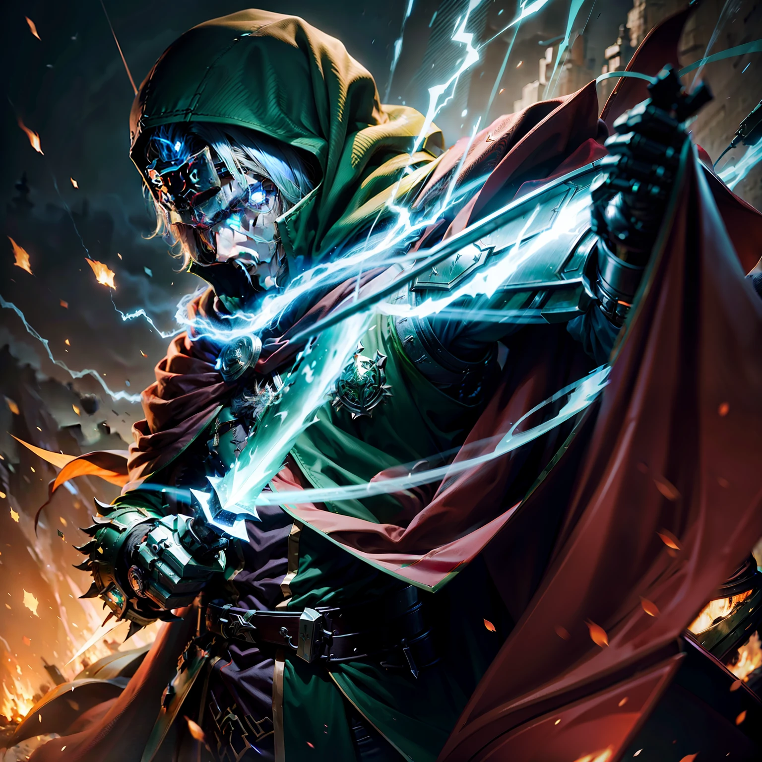 o Crie uma mistura de homen de ferro com doutor destino supremo ( Victor vam Dom ) wearing a green cloak and hood invading a medieval city with an army of robots is one using a green lightning spell with a robotic arm and long yellow hair AND wearing an iron mask , It should be rainy weather and your robots should emit green arcane energy AND with a red cursed sword with green flames