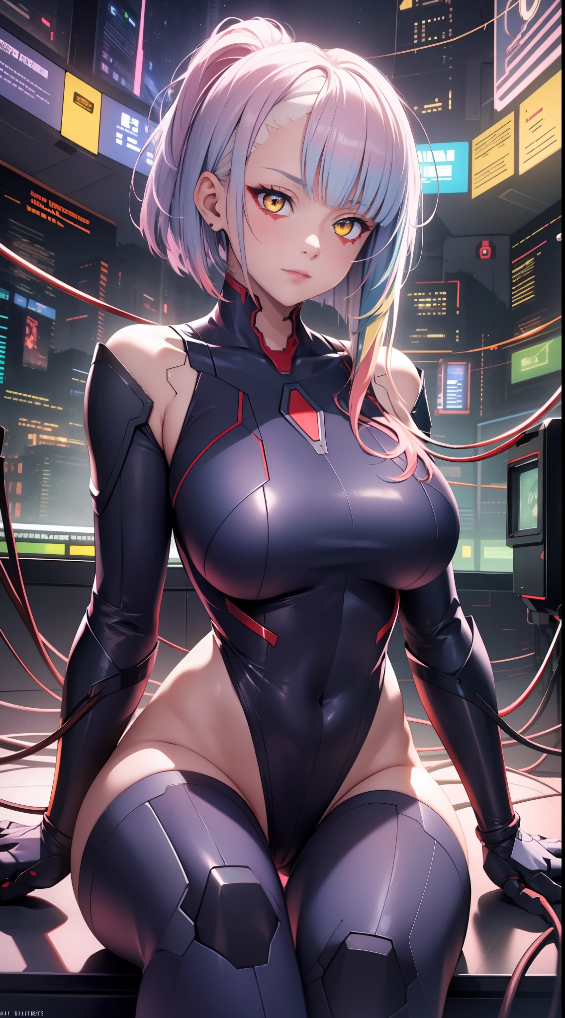 Nsfw, highres, highest quality, cinematic lighting, best quality, hyper detailed, masterpiece,1girl, solo, red hair, yellow eyes, bangs, ponytail, mechanical, exosuit,  wires and cables, luminous eyes, medium breasts, light rays, (colorful), sitting, from above, cool tones, computers, science fiction