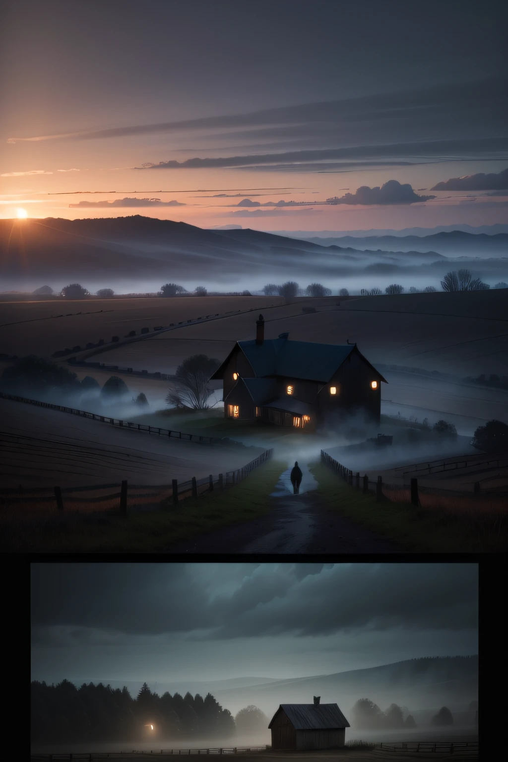 masterpiece, 4k, high quality sharp focus, deep and low view and imagine a couple of antagonists back to back but leaning against each other against a backdrop of an abandoned farm set in a dark and mysterious landscape. The focal point of the image is the couple but in the background next to them is a modern but spooky barn with the gate open and some horses nearby. The farm is shrouded in darkness and cold, the sky is dramatic with a hint of dawn but the sun does not appear, only the light tinge of dawn is visible, and an atmosphere of fear permeates the surroundings. The scene must portray a night near dawn, where the weak and soft light of dawn begins to filter through the thick fog on the horizon ar 16x10