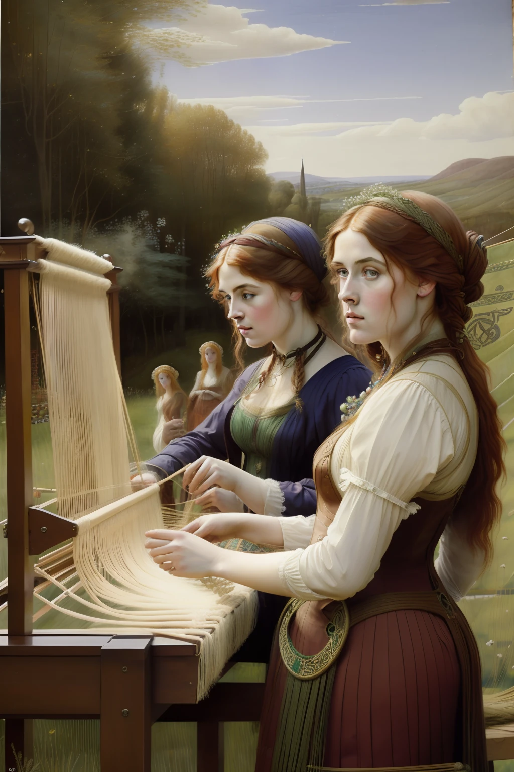 (((Pre-Raphaelite painting of Celtic women in a weaving competition, rostos delicados)))