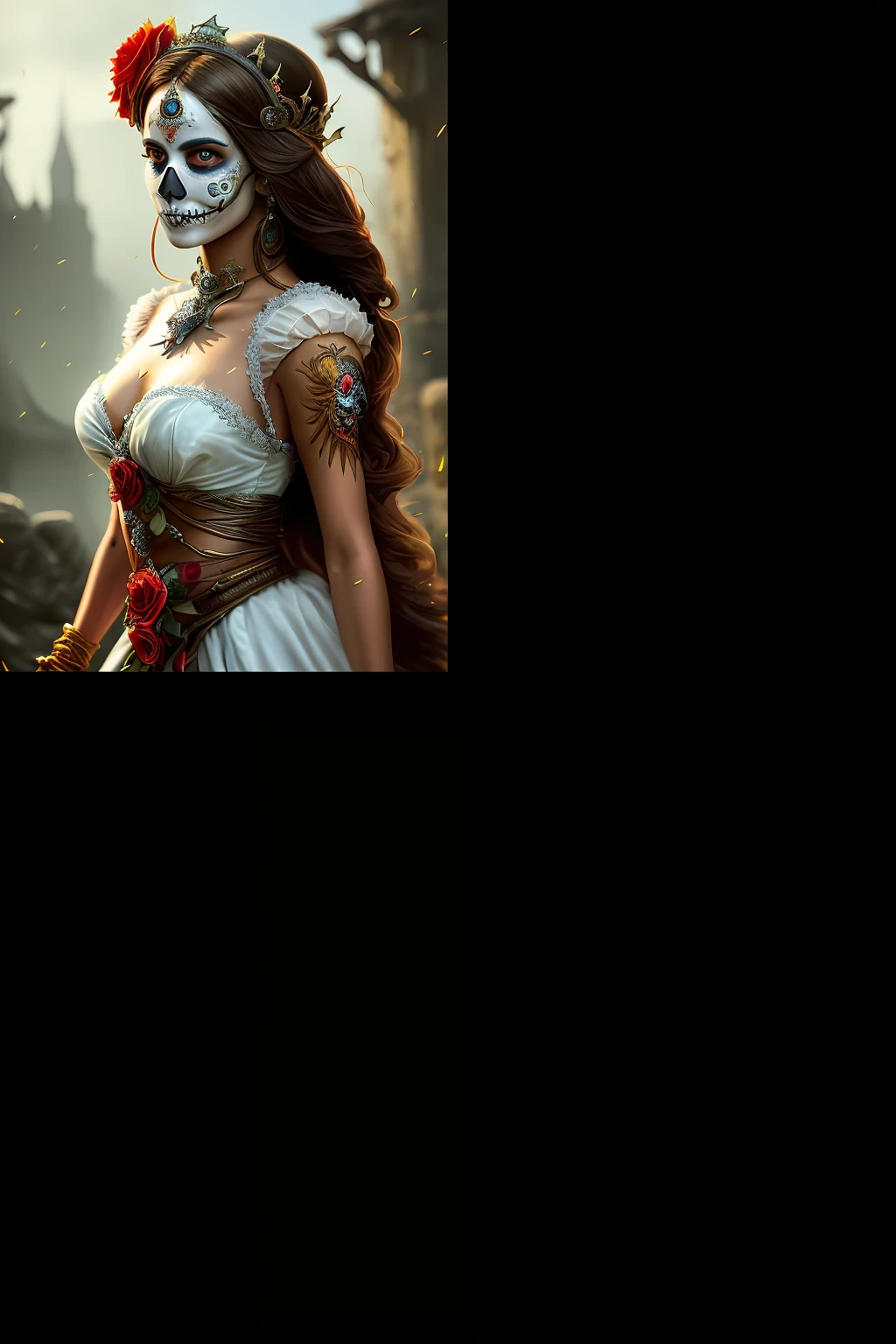 A brunette medieval warrior with a white robe and a mask shaped like an upside-down skull