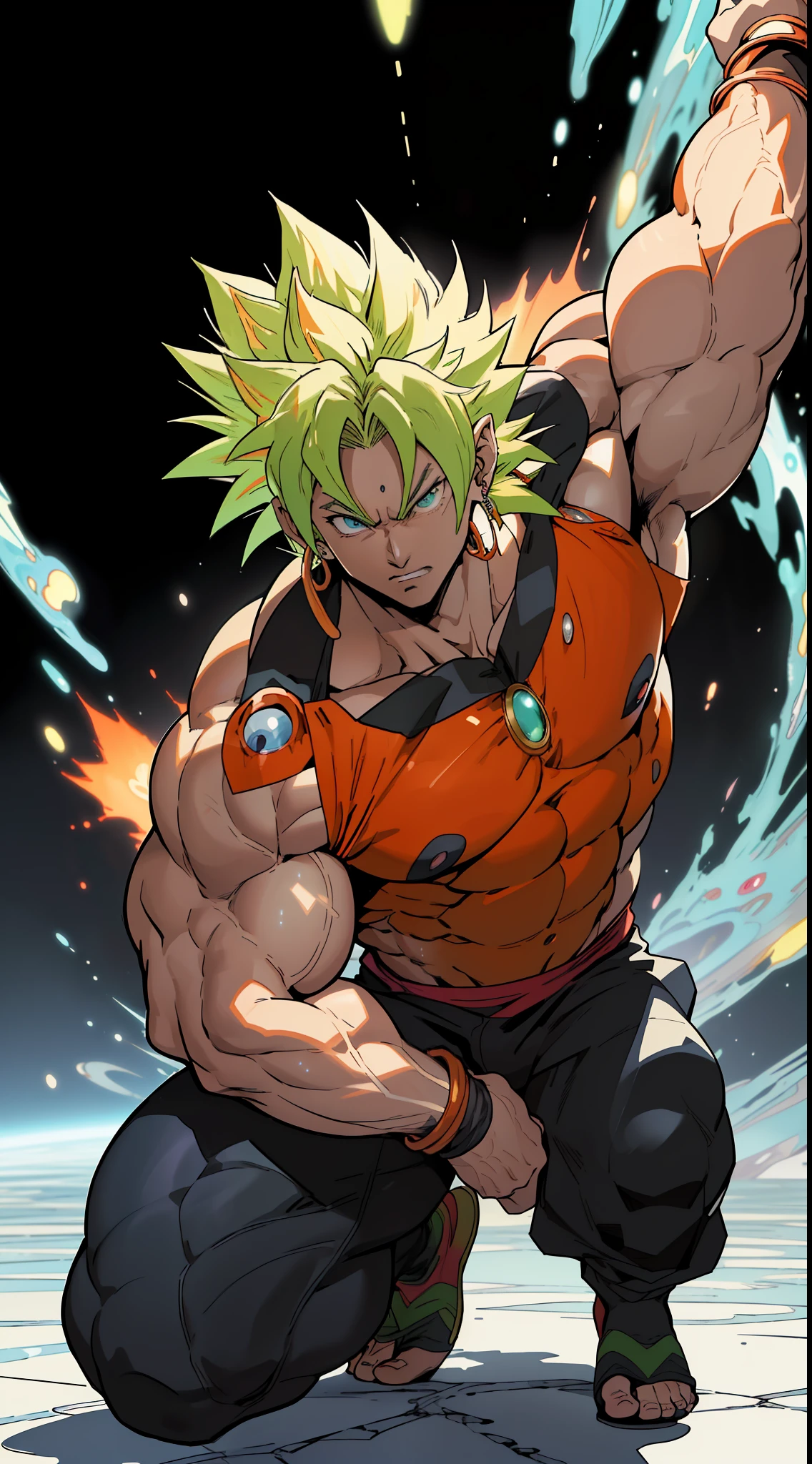 (anime) . ((Broly)), full body, in the space . (Masterpiece: 1.8), (64k quality), (final fantasy artwork concept), detailed (manga eyes + hair + clothes + body + face + colors + shoulders + eyes (globular + transparent + liquid) + (sharper drawings) + (shiny jewelry) + (clothes folds) + (rounded eyes) + (consistent clothes) + (clothing features) + (eyes line), better (colorful + (coarser line) + (black line) + finishing . [Drawing] (Anime (Manga (Comics))) + (Coarse Line: 1.8) + (Black Line: 1.8) + (Color: 1.8) + (Clean: 1.8) + (Contrast: 1.8) + (Black Outline: 1.8) + (adjusted colors: 1.8) + (shadow set: 1.8) + (manga eyes: 1.8) + ((muscle: 1.8)) + ((bodybuilder: 1.8)), ((made homogeneous: 1.3))