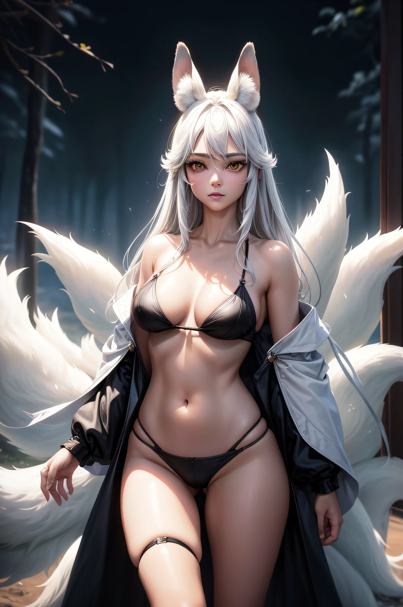 Uma linda deusa feminina ((raposa de corpo inteiro)), com detalhes nas caudas, (((kitsune de nove caudas))), em pele azulada com tons de branco e cabelos ultra realistas lindos como a neve, cabelos loiros, olhos verdes, orelhas de animal, modelagem facial perfeita magia leve, com um toque de surrealismo, hiperdetalhado, artefatos jpeg, UHD, obra-prima, anatomicamente perfeito, curadoria, super detalhado, alto detalhe, alta qualidade, alto detalhe, superior, 8k, Greg Rutkowski, genial, detalhe intrincado, conceito de fantasia arte, obra-prima da arte desviante, cinematic and photographic in great image detail, nitidez absoluta, qualidade de textura geral insanamente alta, insanely realistic visible skin pores, 16K UHD, foco nítido, profundidade de campo profundo, de extrema beleza, Fujifilm GFX 50S camera , with extreme perfection.